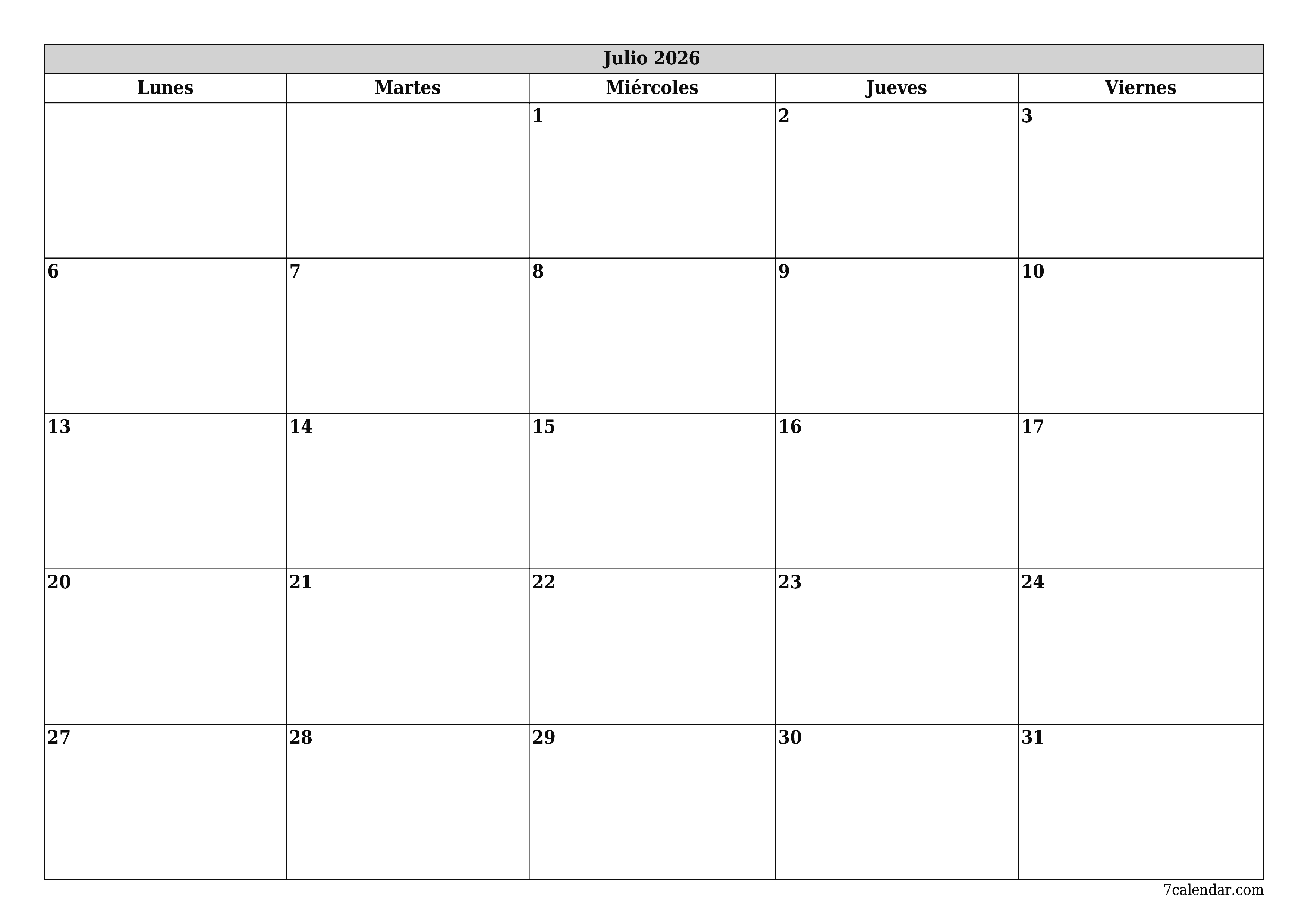 Planificador mensual vacío para el mes Julio 2026 con notas, guardar e imprimir en PDF PNG Spanish