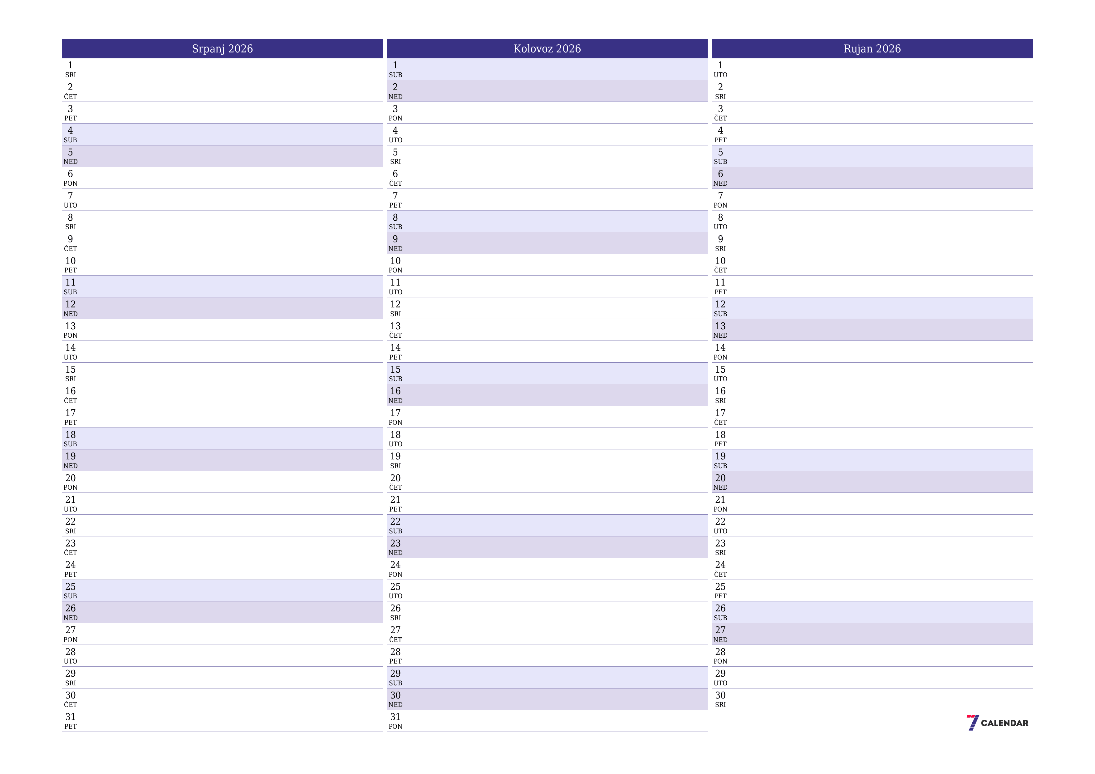 Ispraznite mjesečni planer za mjesec Srpanj 2026 s bilješkama, spremite i ispišite u PDF PNG Croatian