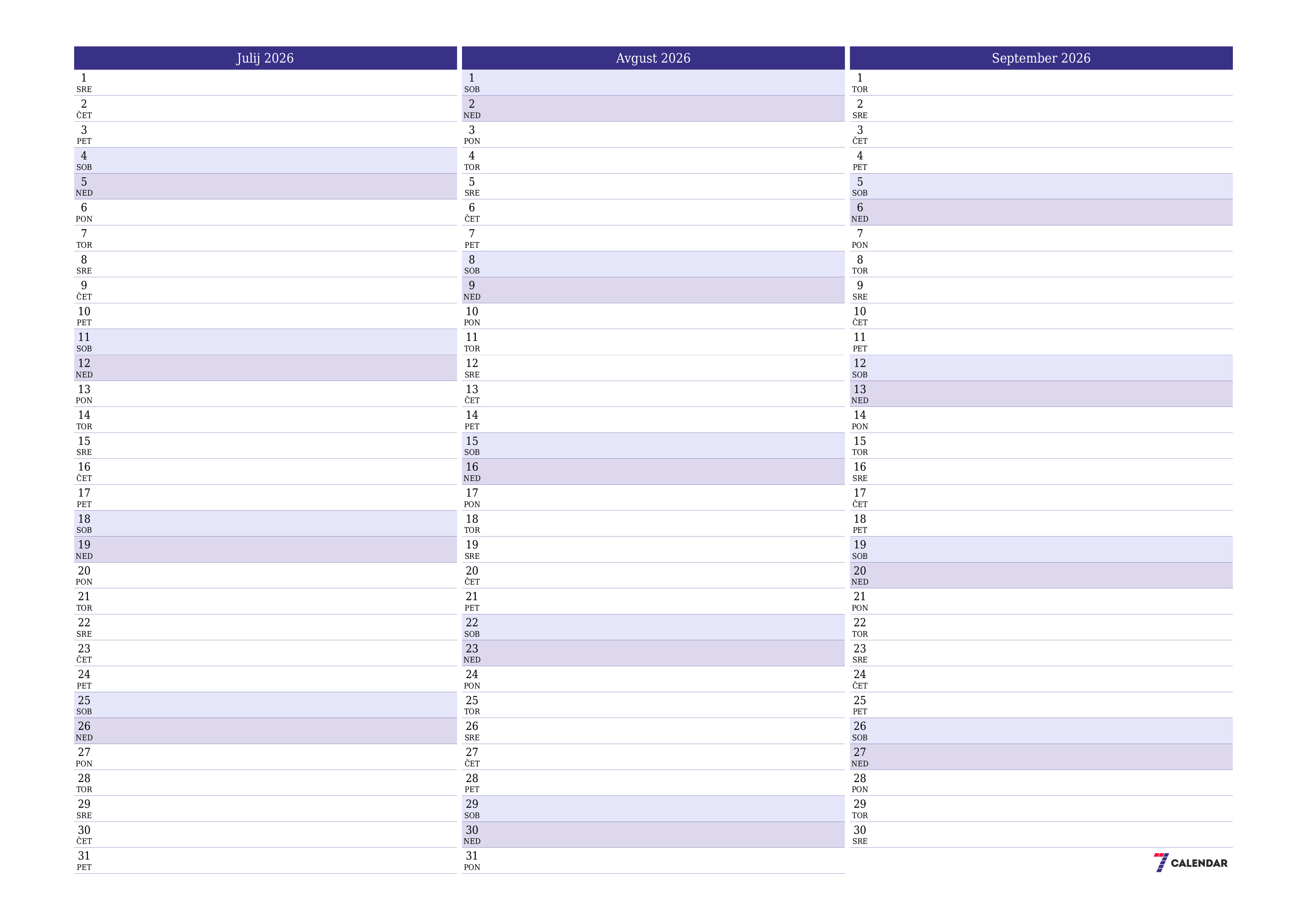 Prazen mesečni načrtovalec koledarja za mesec Julij 2026 z opombami, natisnjenimi v PDF PNG Slovenian
