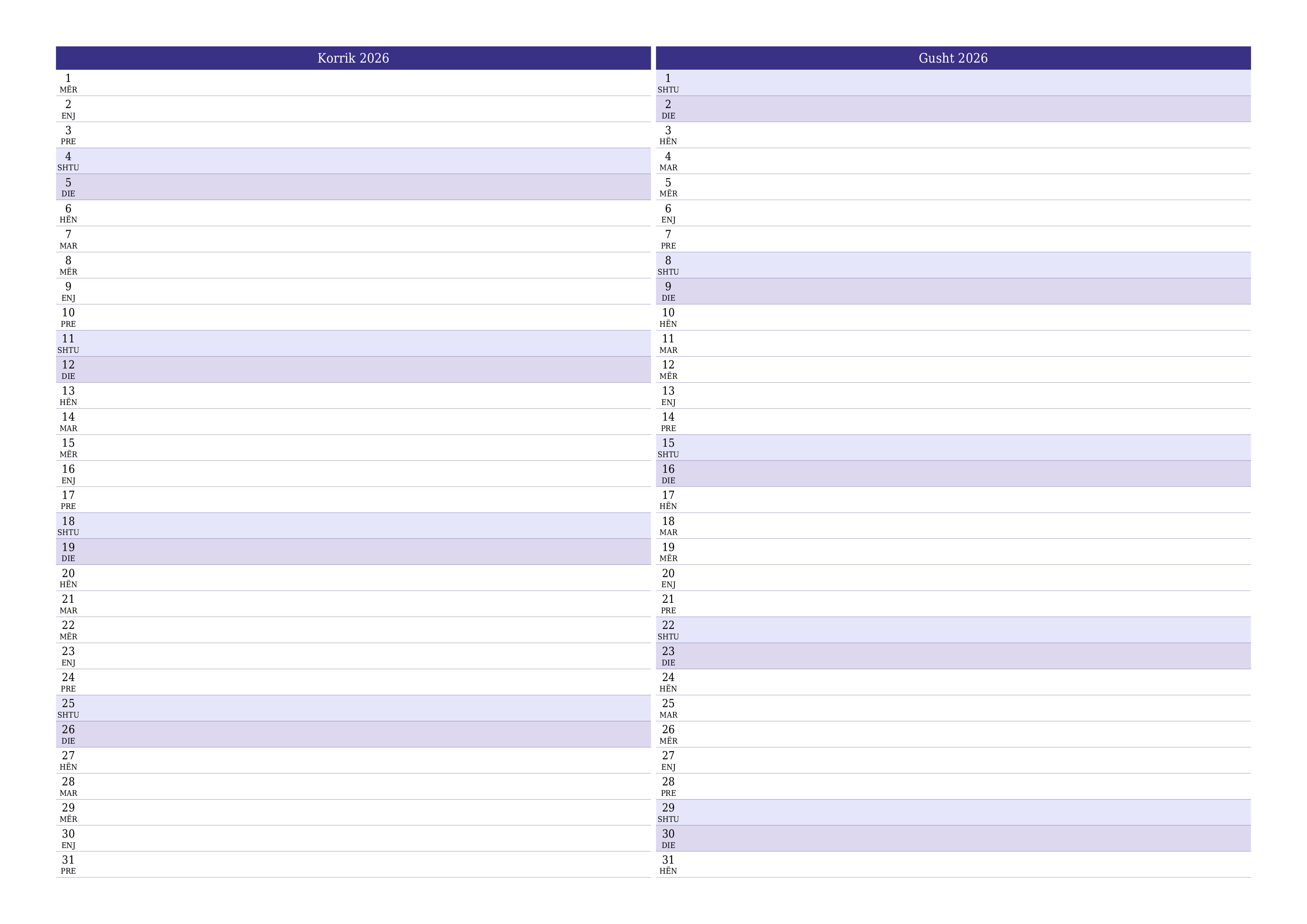 Planifikuesi i zbrazët i kalendarit mujor për muajin Korrik 2026 me shënime të ruajtura dhe të printuara në PDF PNG Albanian