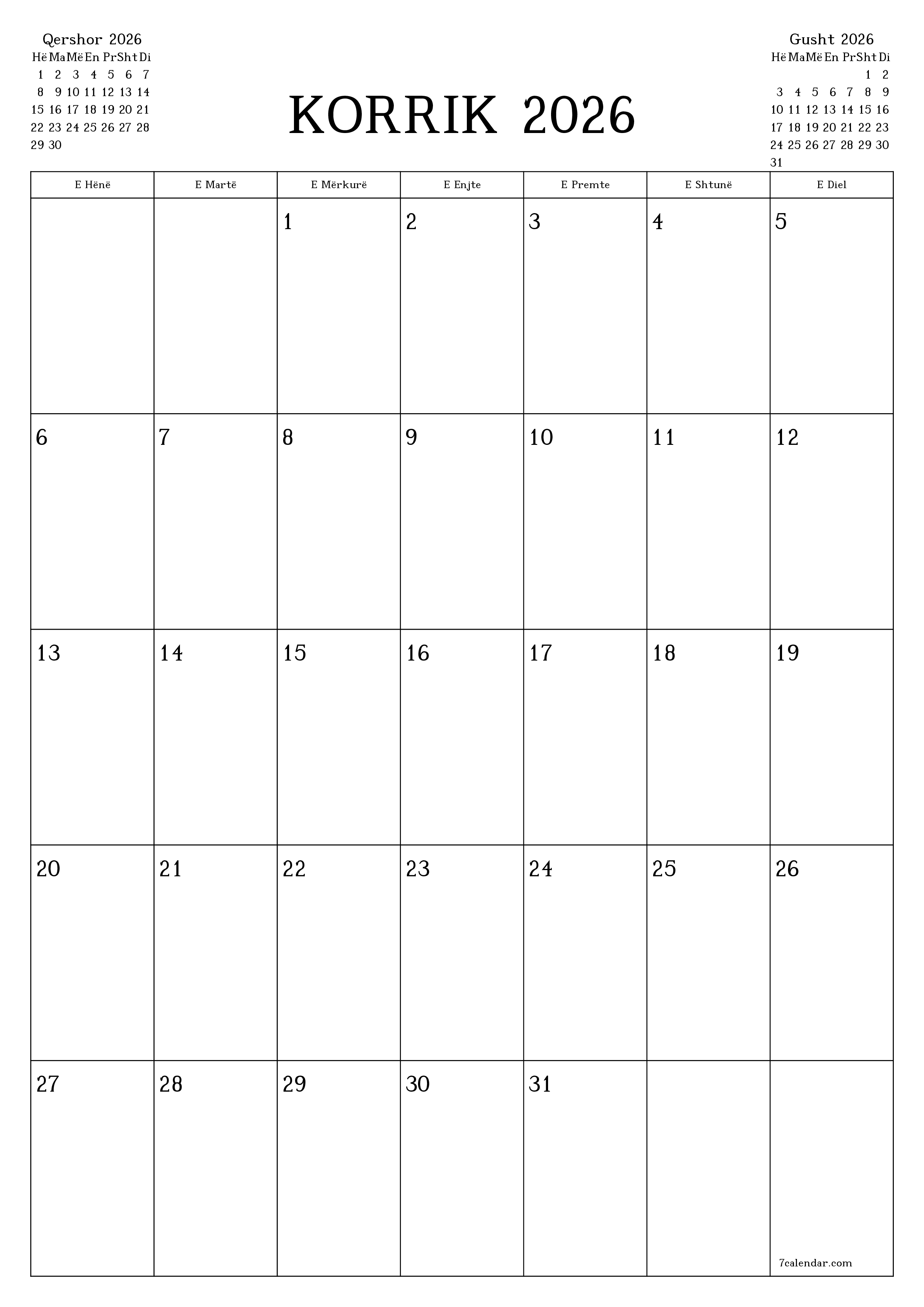 Planifikuesi i zbrazët i kalendarit mujor për muajin Korrik 2026 me shënime të ruajtura dhe të printuara në PDF PNG Albanian