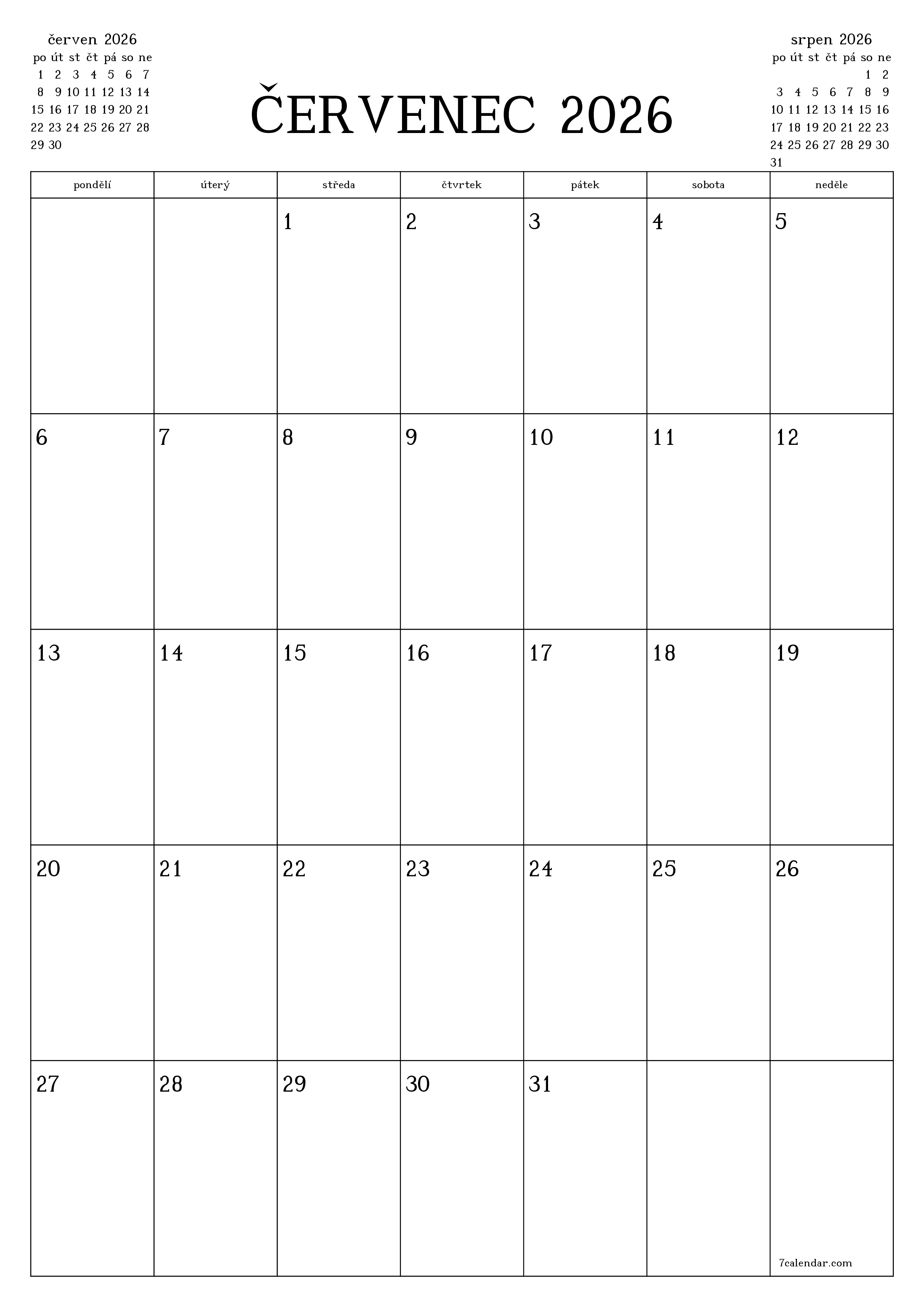  pro tisk nástěnný šablona e zdarmavertikální Měsíční plánovač kalendář červenec (čvc) 2026