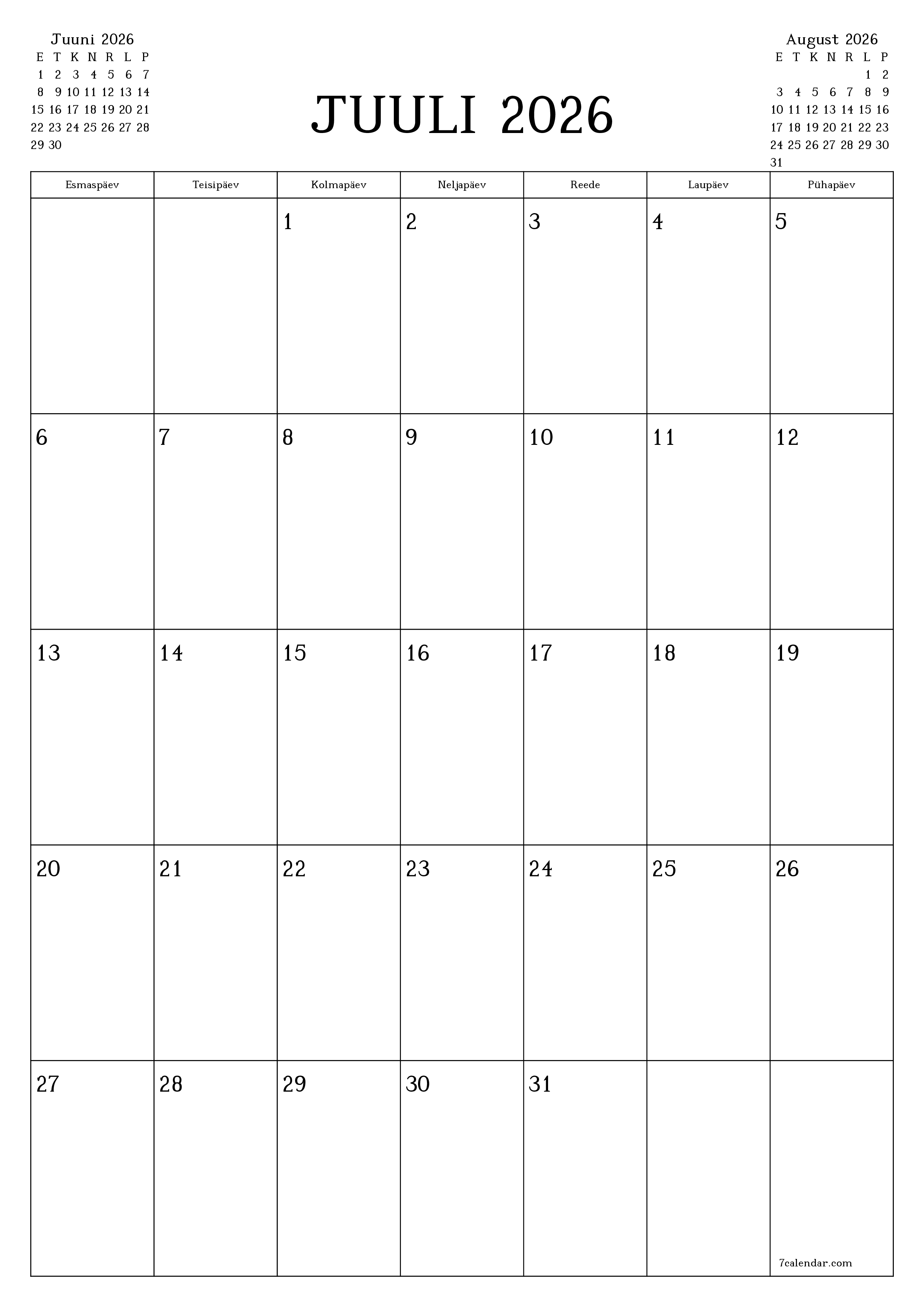 prinditav seina kalendri mall tasuta vertikaalne Igakuine planeerija kalender Juuli (Juuli) 2026