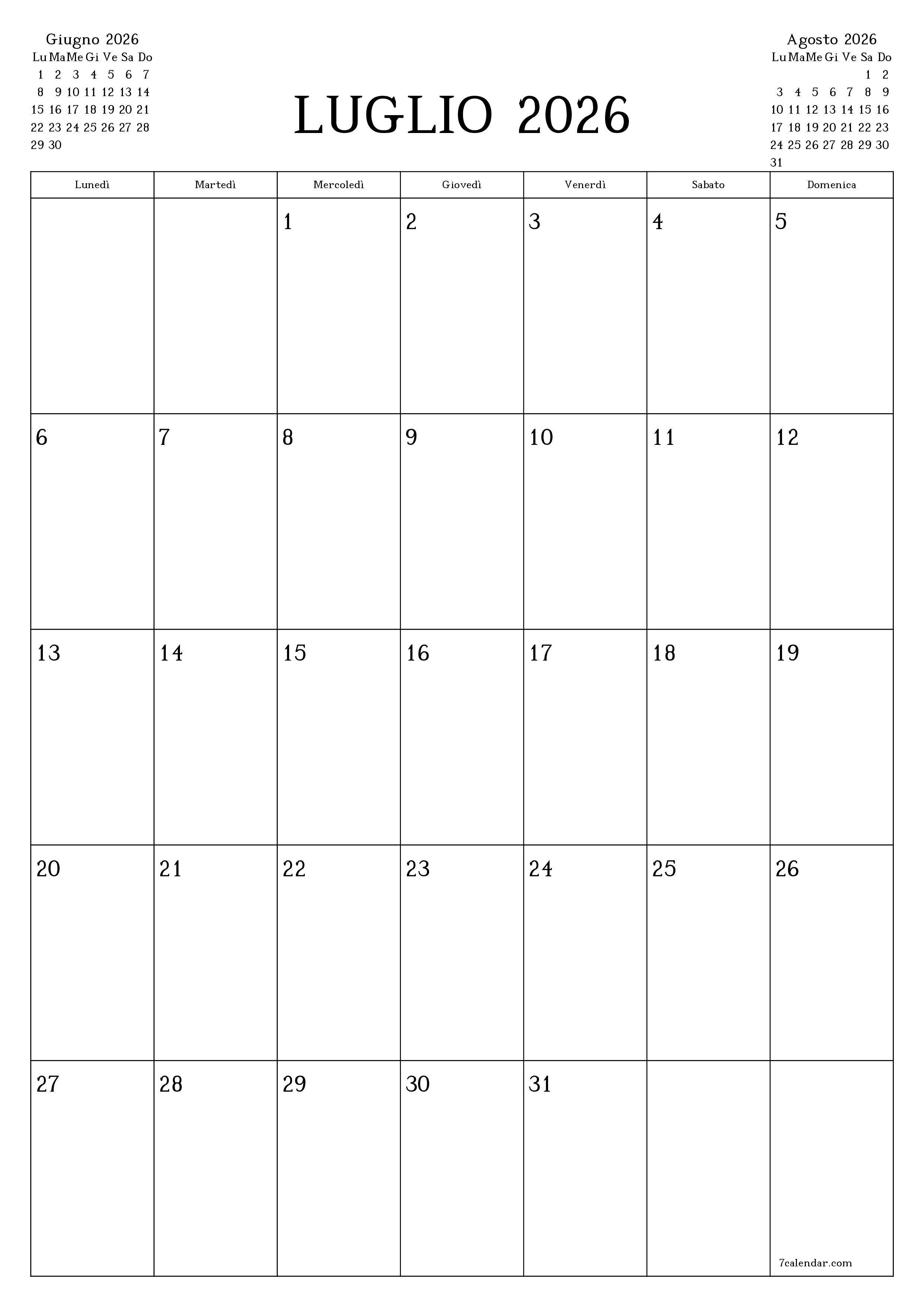  stampabile da parete modello di gratuitoverticale Mensile pianificatore calendario Luglio (Lug) 2026