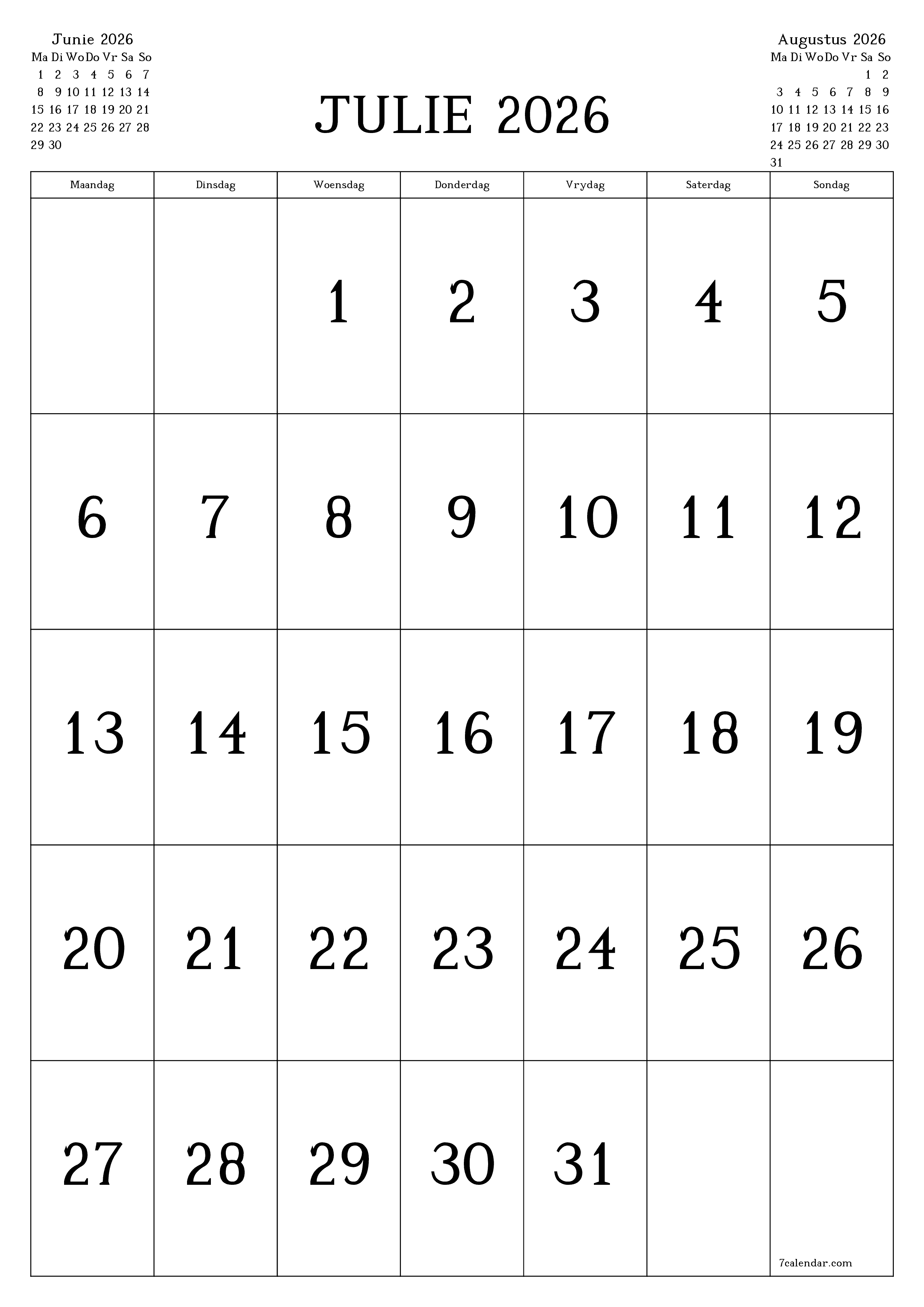 Leë maandelikse drukbare kalender en beplanner vir maand Julie 2026 met notas stoor en druk na PDF PNG Afrikaans