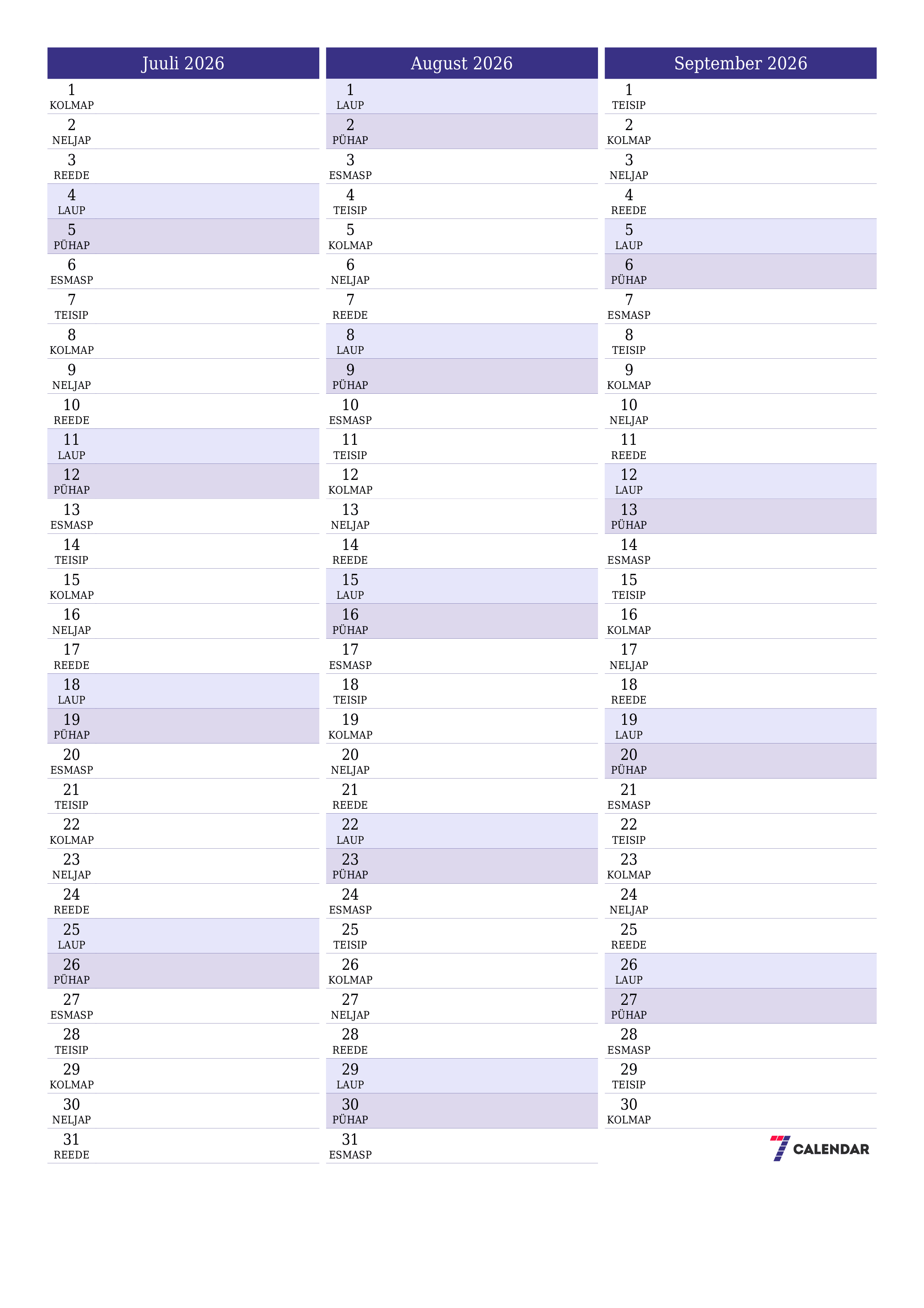 Tühjendage kuu Juuli 2026 kuuplaneerija märkmetega, salvestage ja printige PDF-i PNG Estonian