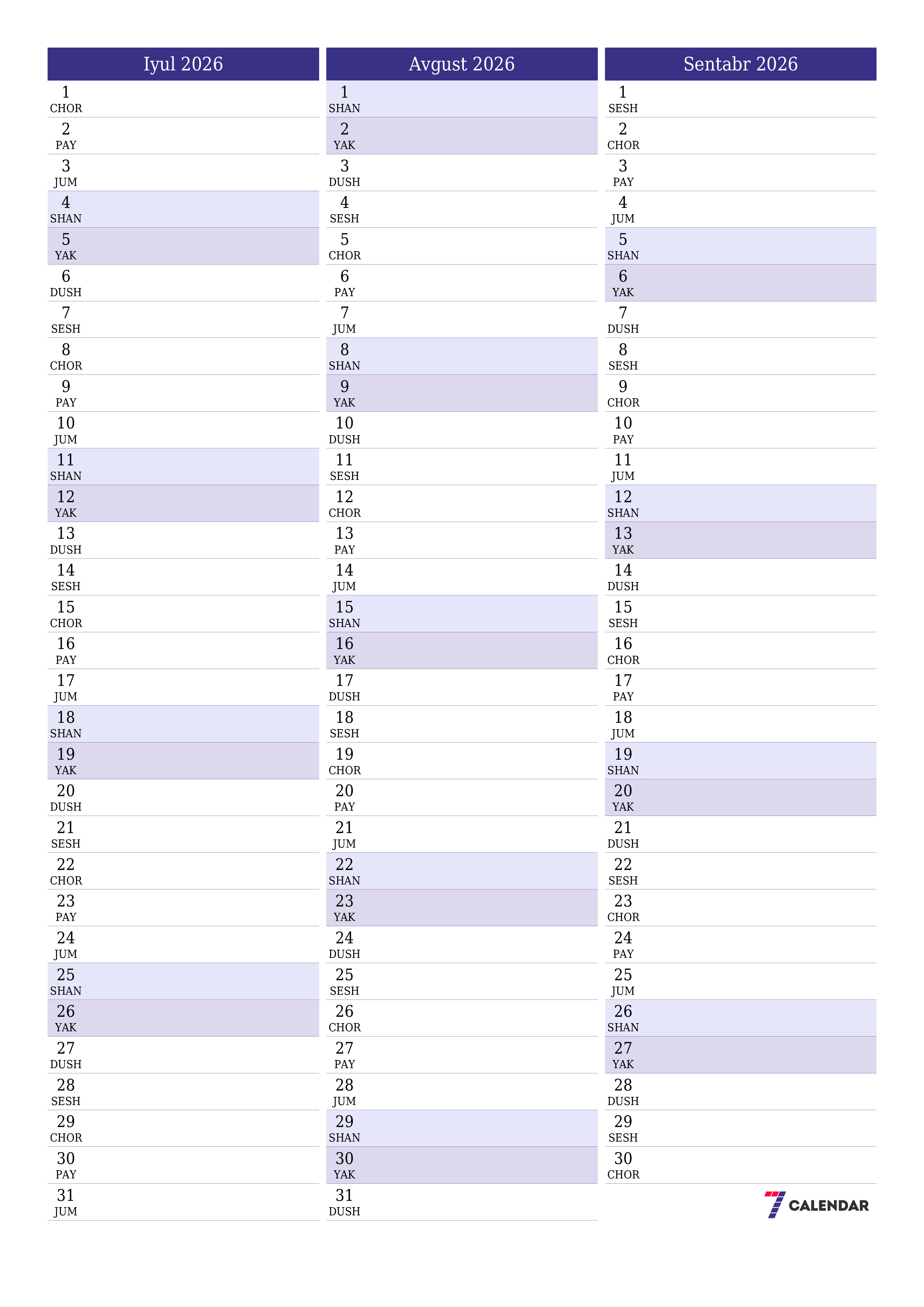 Iyul 2026 oylik oylik rejalashtiruvchini yozuvlar bilan bo'shatish, saqlash va PDF-ga chop etish PNG Uzbek