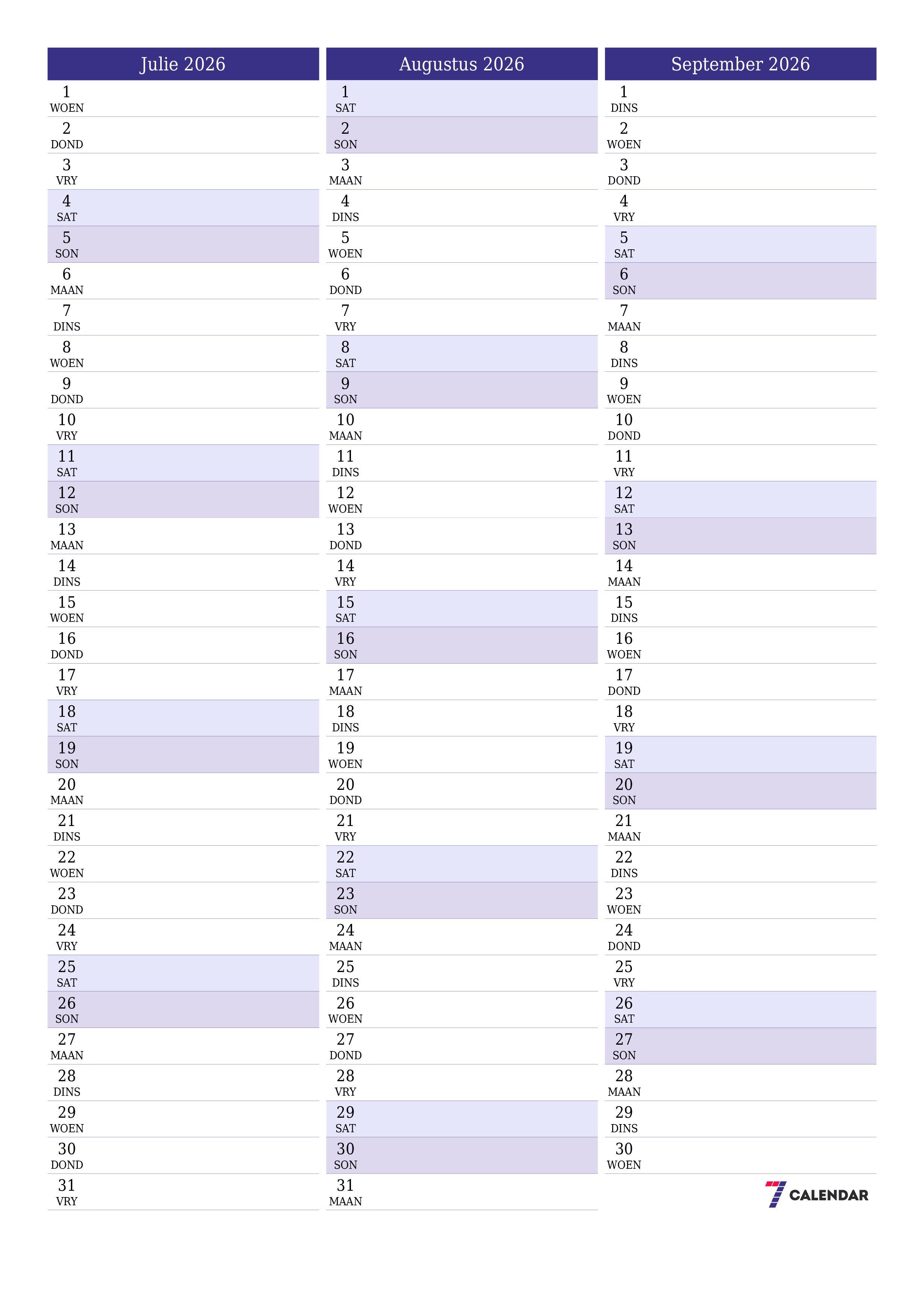 Leë maandelikse drukbare kalender en beplanner vir maand Julie 2026 met notas stoor en druk na PDF PNG Afrikaans