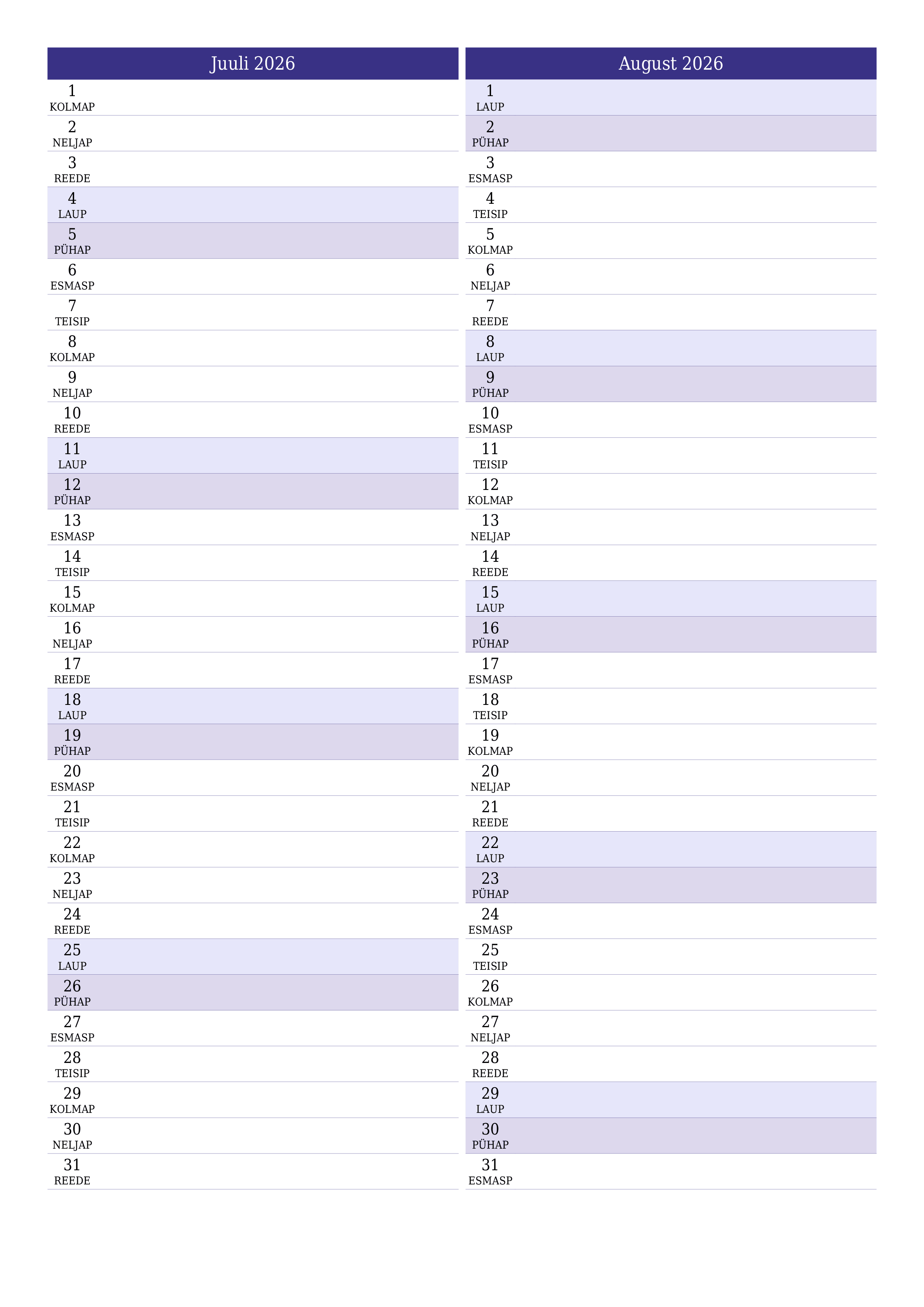 Tühjendage kuu Juuli 2026 kuuplaneerija märkmetega, salvestage ja printige PDF-i PNG Estonian