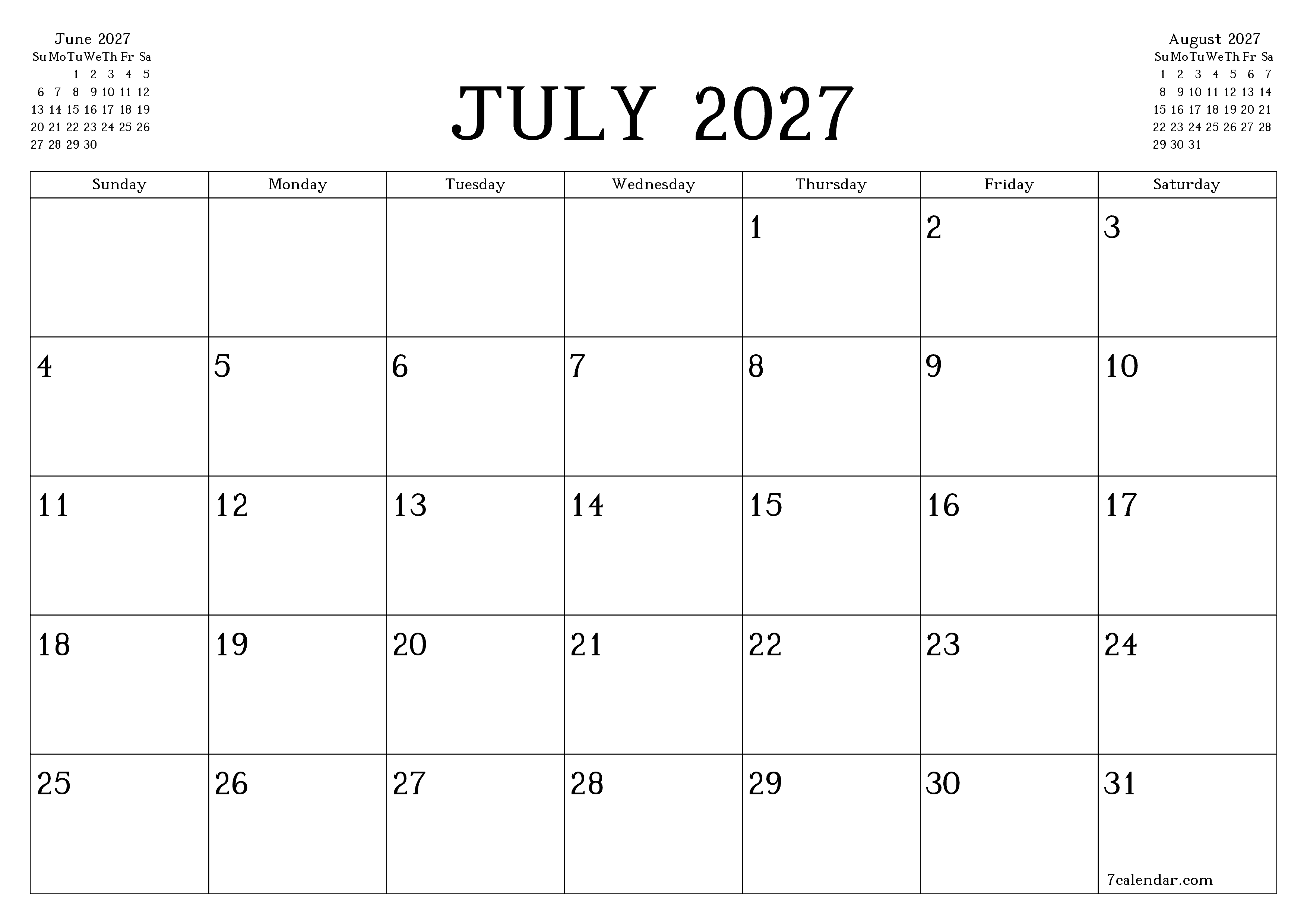 Blank calendar July 2027