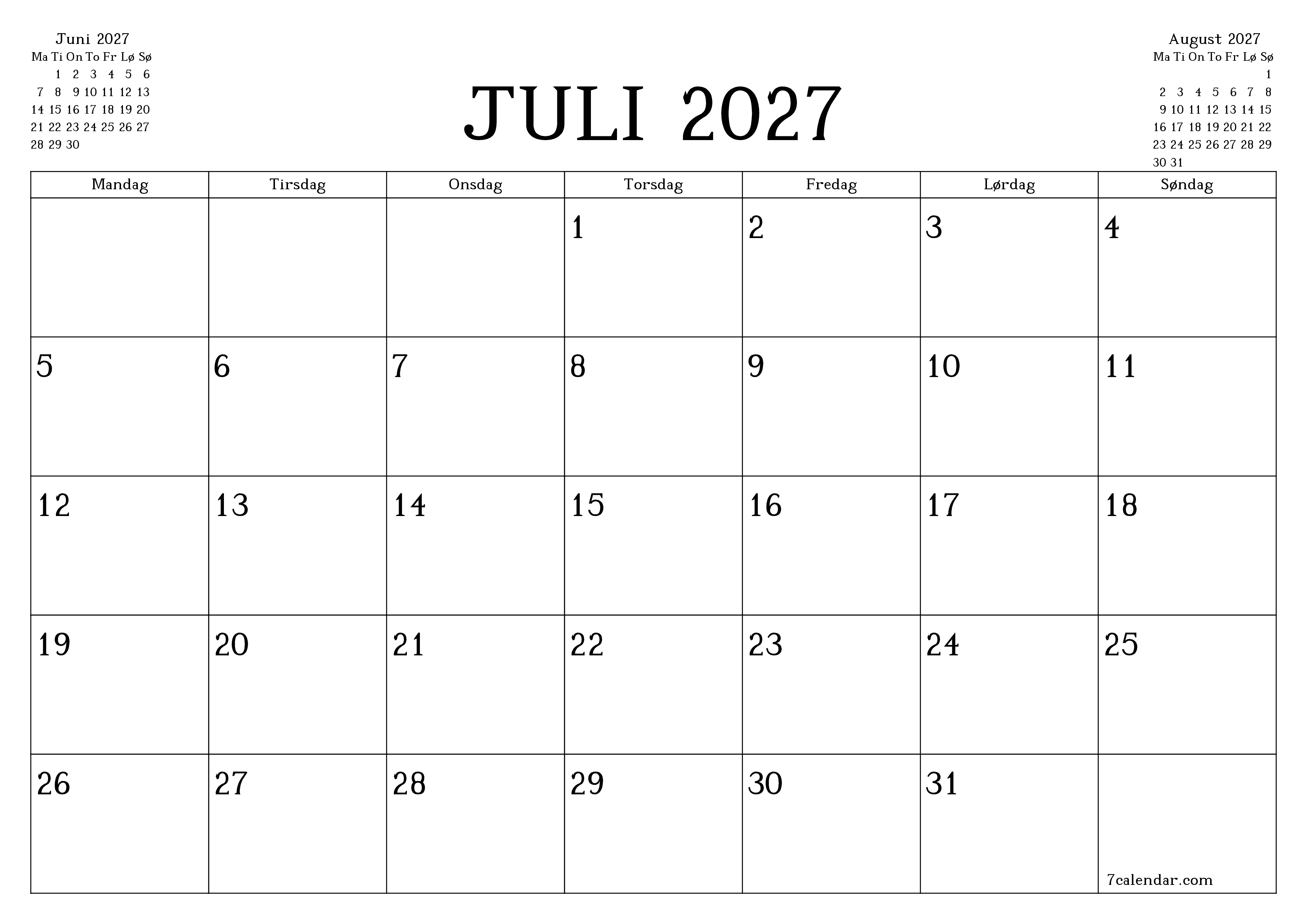 Tom månedlig planlægning for måned Juli 2027 med noter, gem og udskriv til PDF PNG Danish