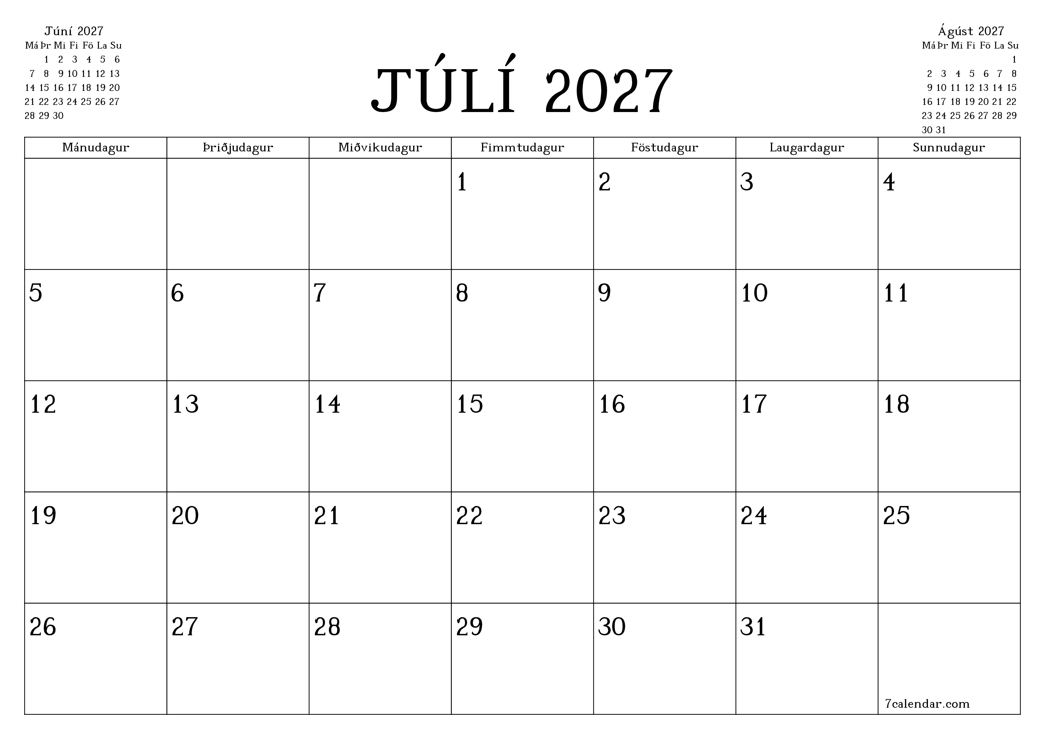 Tómur mánaðarlegur skipuleggjandi fyrir mánuðinn Júlí 2027 með athugasemdum, vista og prenta á PDF PNG Icelandic