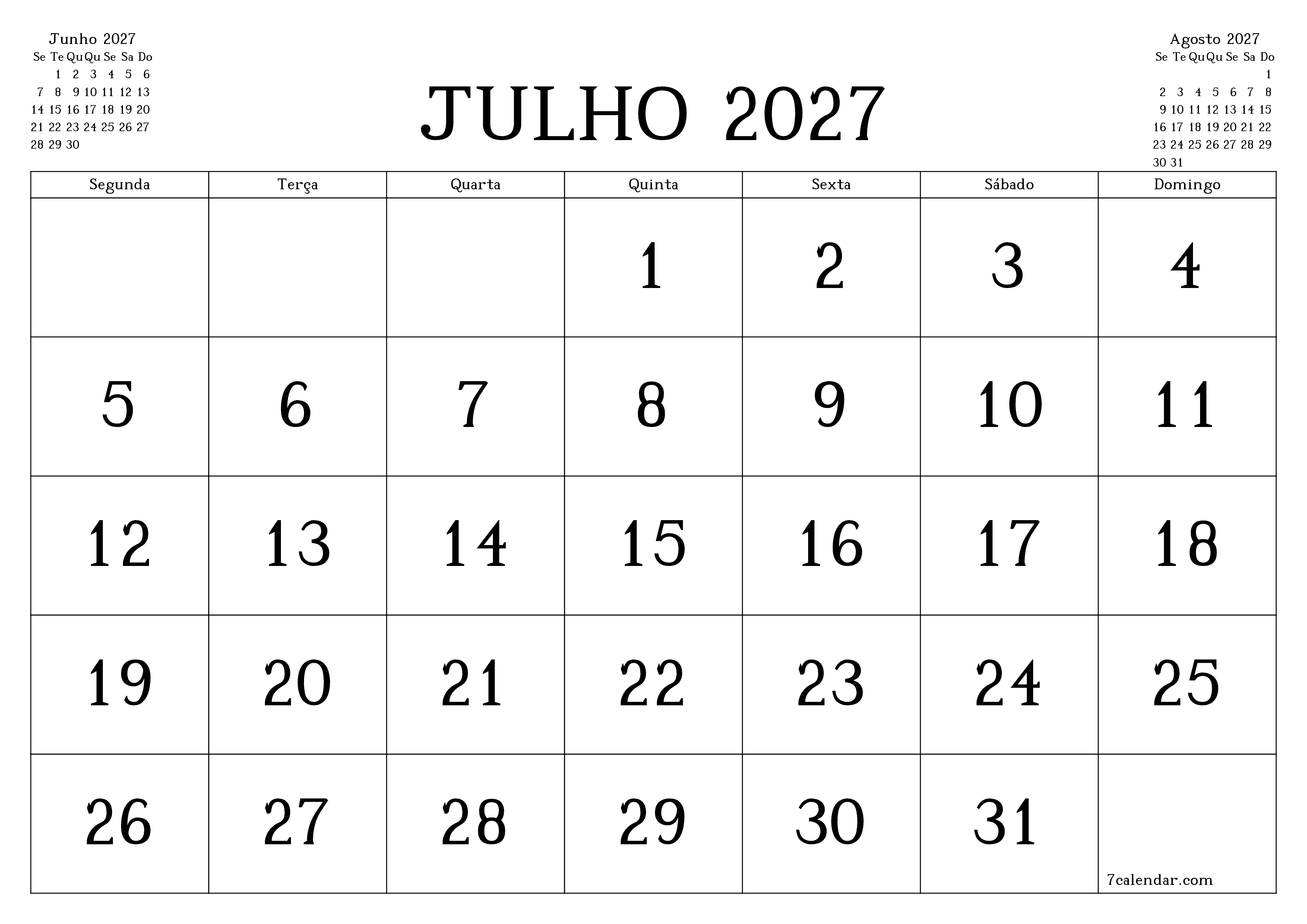 Esvazie o planejador mensal para o mês Julho 2027 com notas, salve e imprima em PDF PNG Portuguese