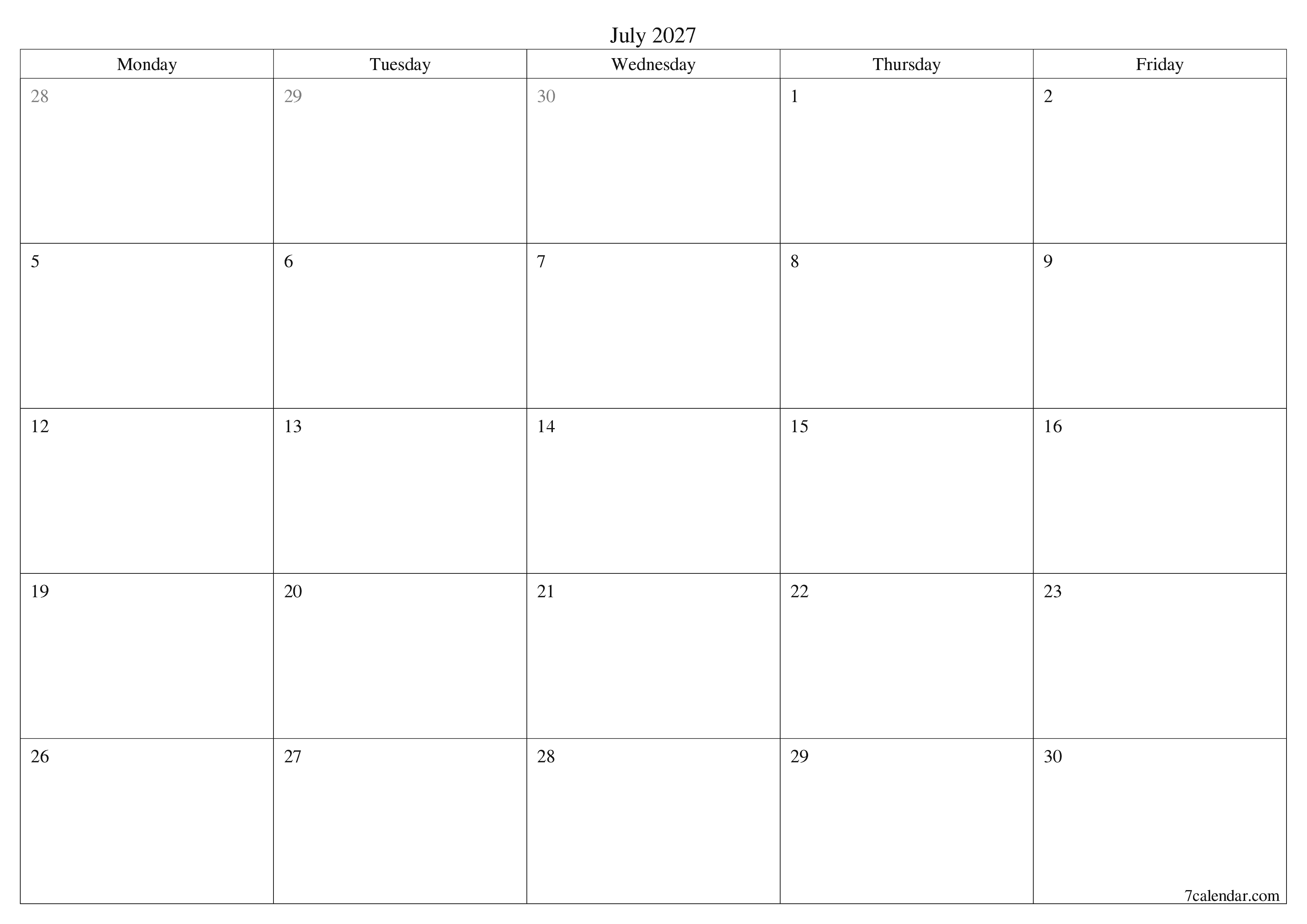 Blank calendar July 2027