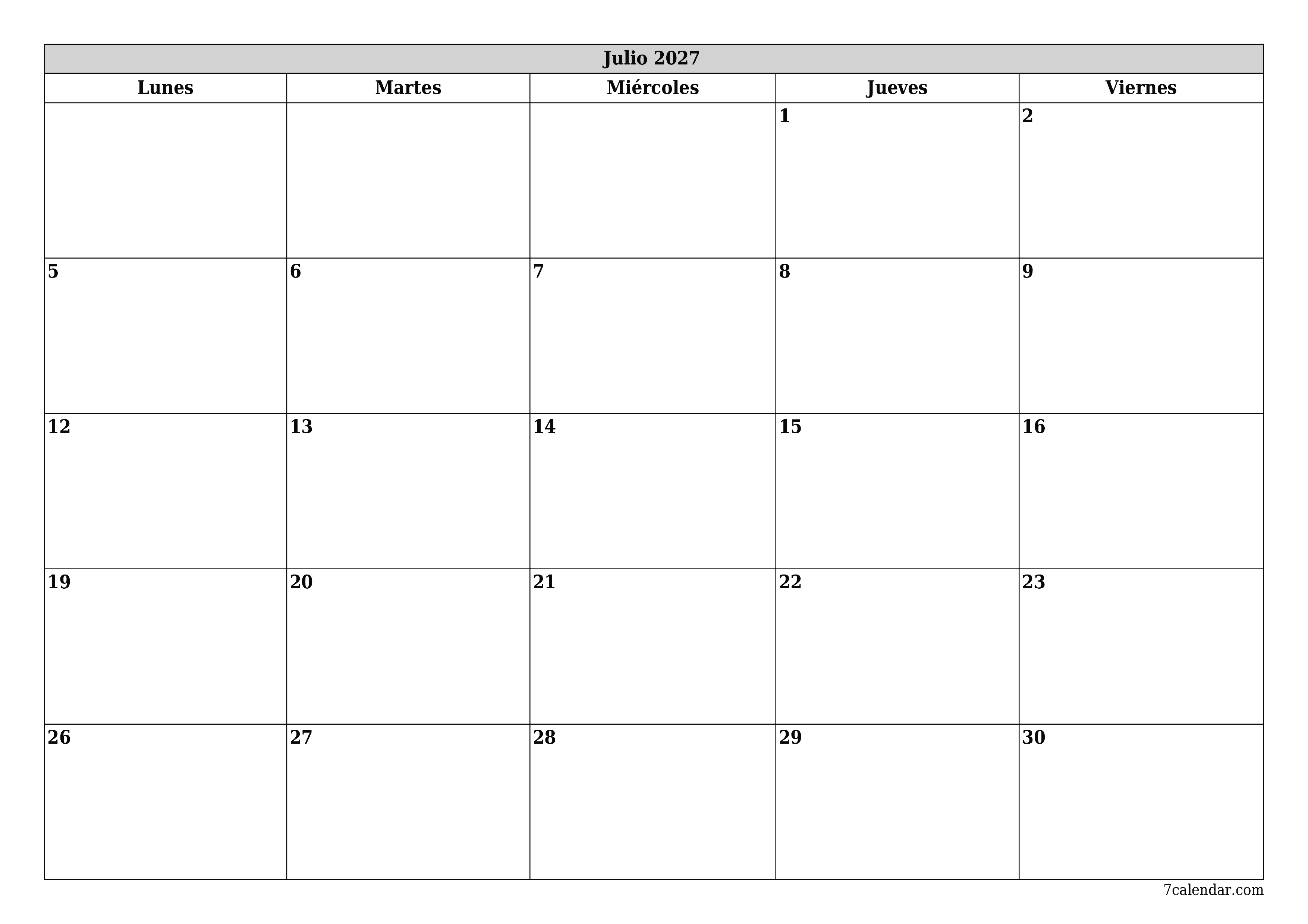 Planificador mensual vacío para el mes Julio 2027 con notas, guardar e imprimir en PDF PNG Spanish