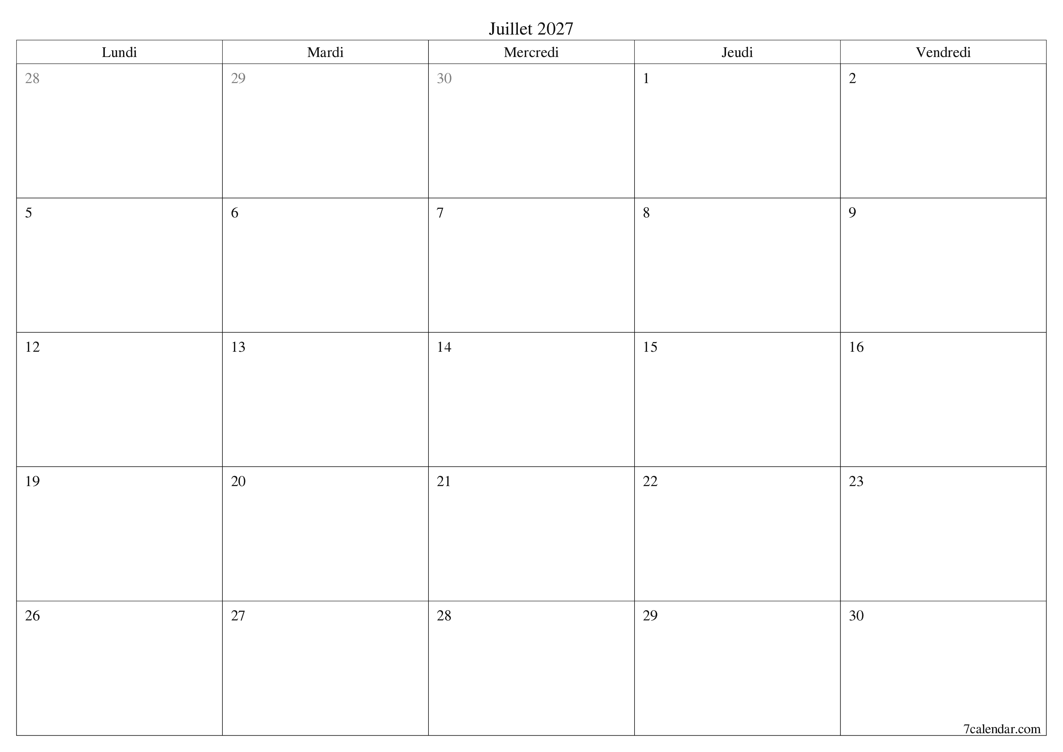 Agenda mensuel vide pour le mois Juillet 2027 avec notes, enregistrez et imprimez au format PDF PNG French