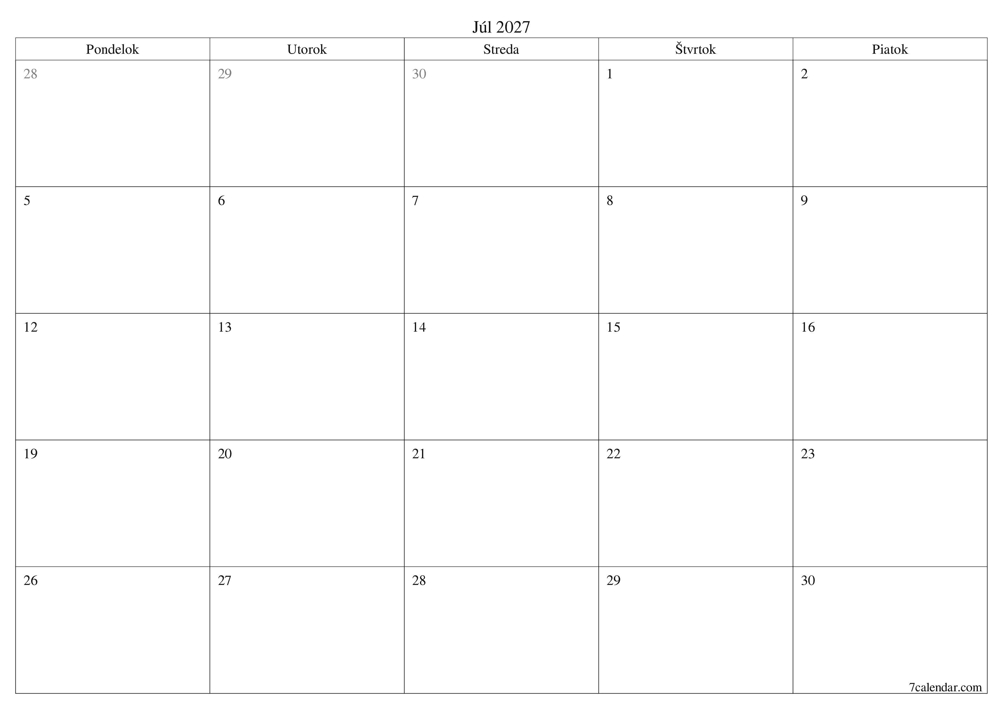 Prázdny mesačný plánovač na mesiac Júl 2027 s poznámkami, uloženie a tlač do PDF PNG Slovak