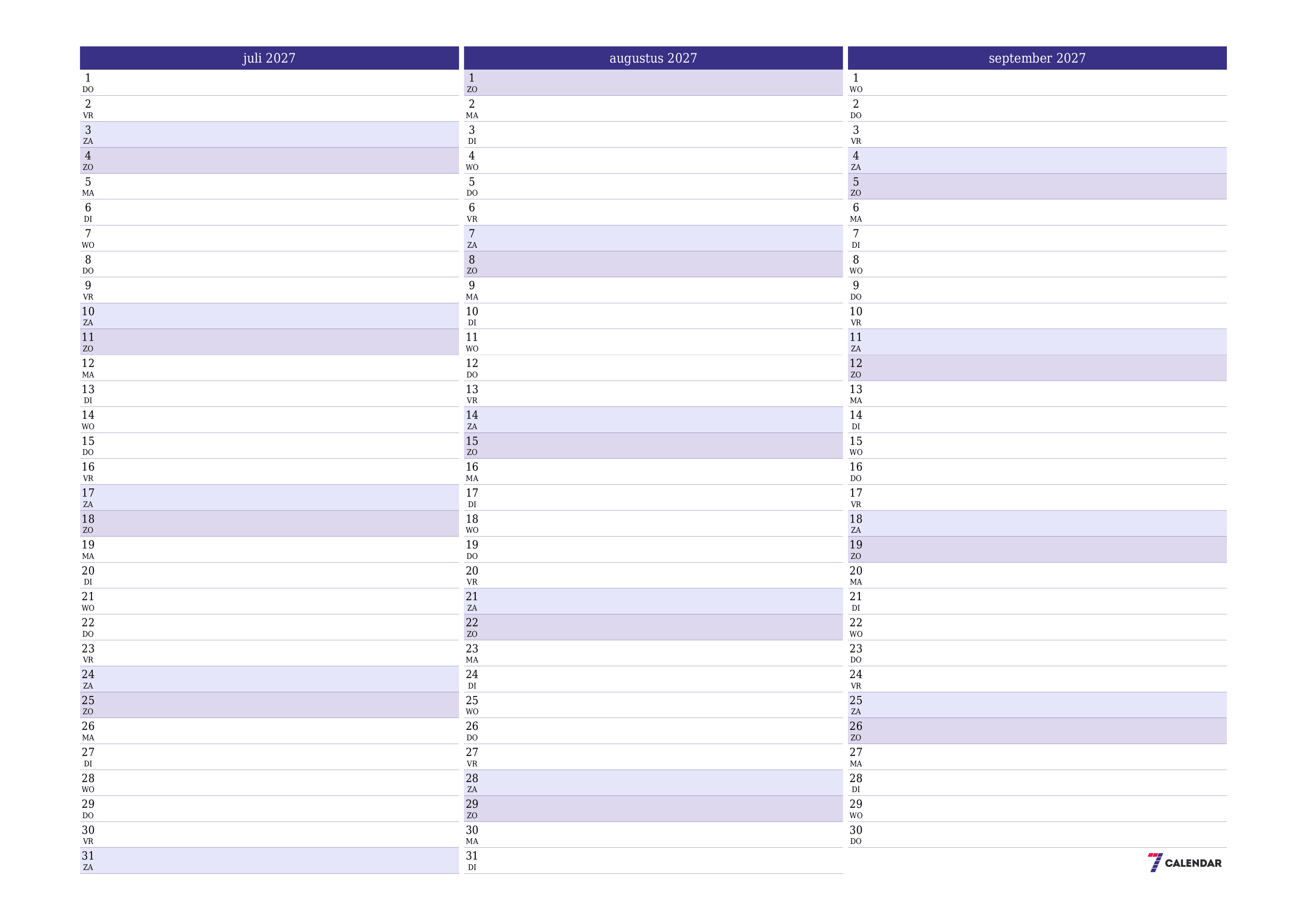 Lege maandplanner voor maand juli 2027 met notities, opslaan en afdrukken naar pdf PNG Dutch