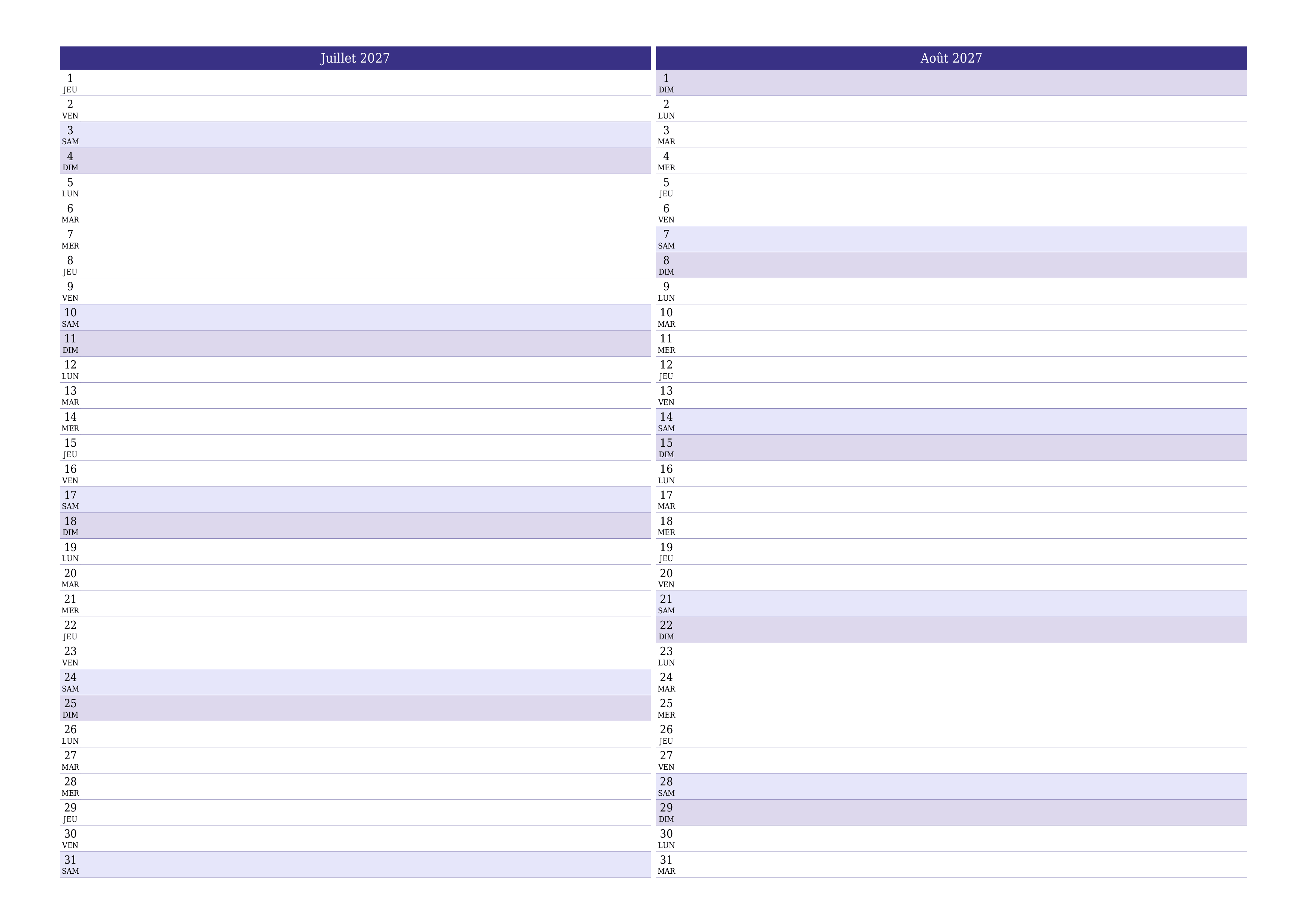 Agenda mensuel vide pour le mois Juillet 2027 avec notes, enregistrez et imprimez au format PDF PNG French