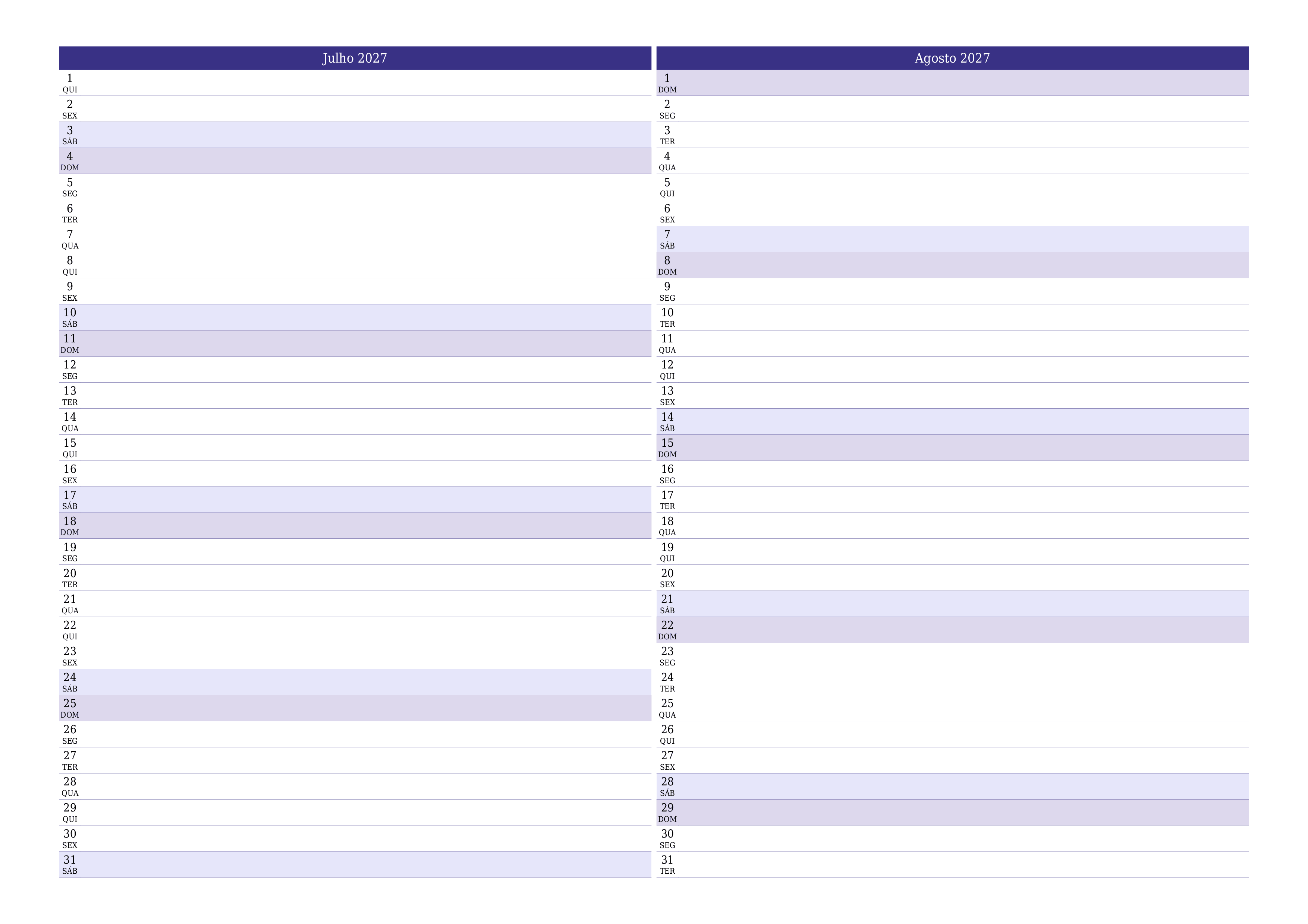 Esvazie o planejador mensal para o mês Julho 2027 com notas, salve e imprima em PDF PNG Portuguese