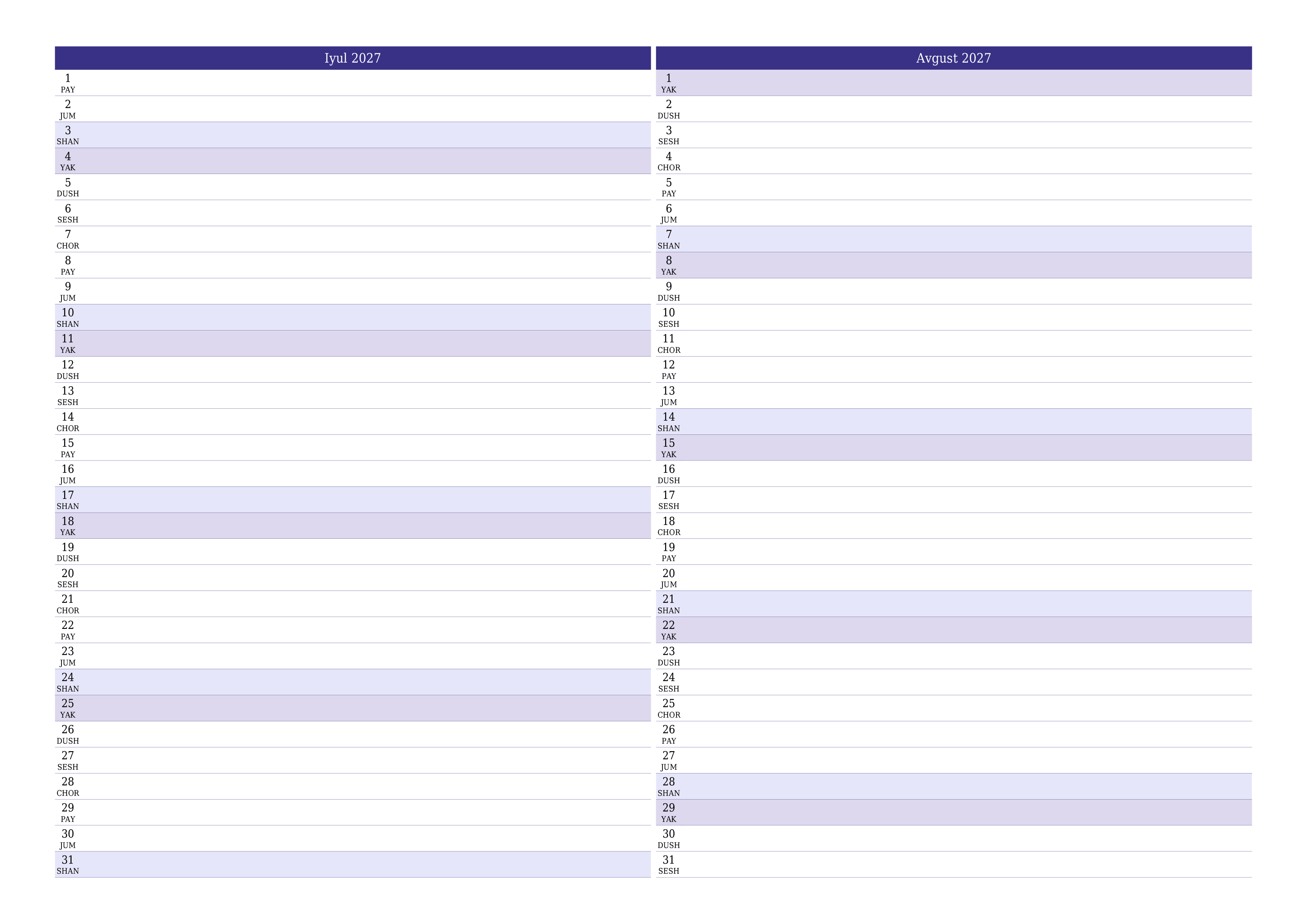 Iyul 2027 oylik oylik rejalashtiruvchini yozuvlar bilan bo'shatish, saqlash va PDF-ga chop etish PNG Uzbek