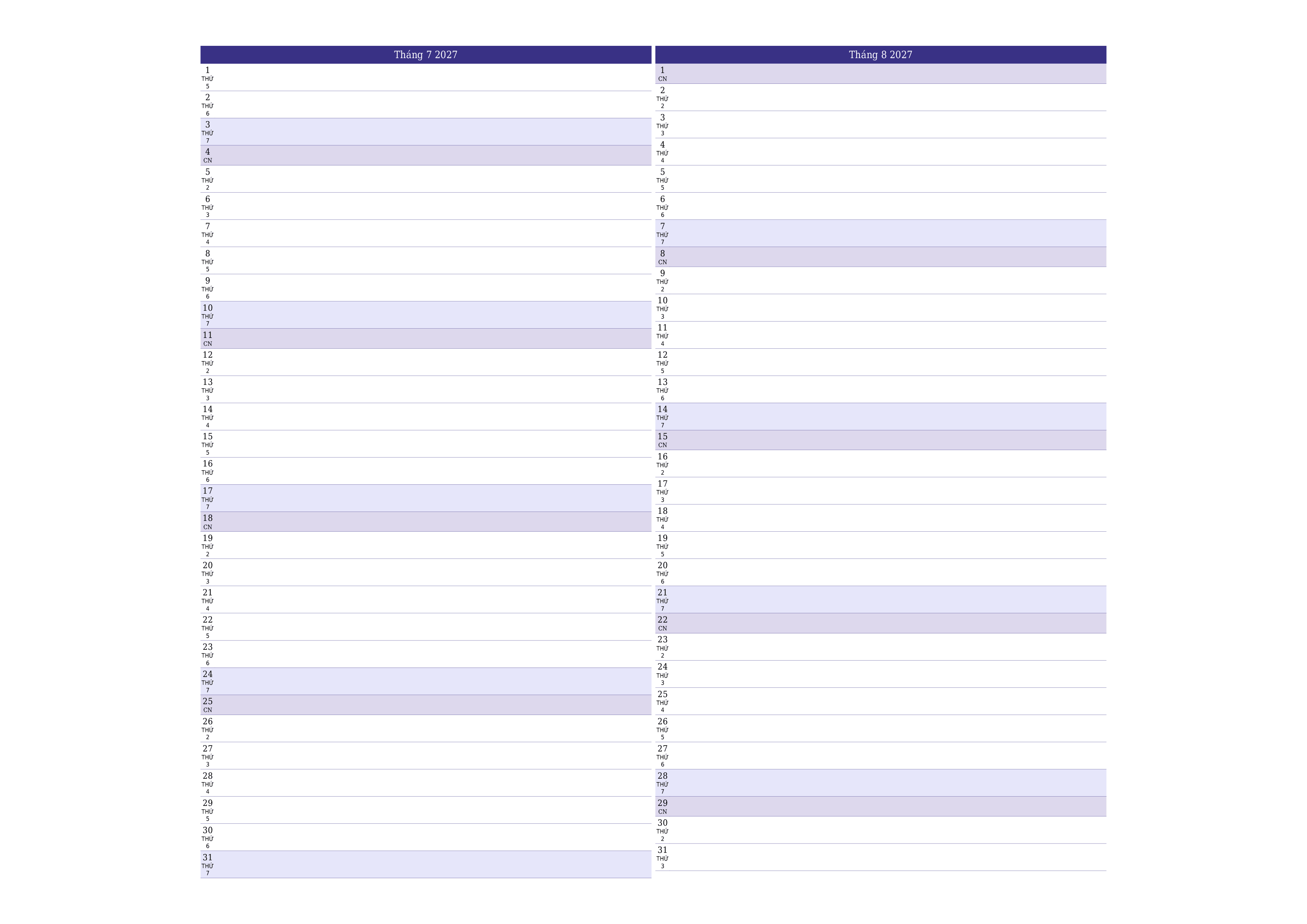 Công cụ lập kế hoạch hàng tháng trống cho tháng Tháng 7 2027 có ghi chú, lưu và in sang PDF PNG Vietnamese