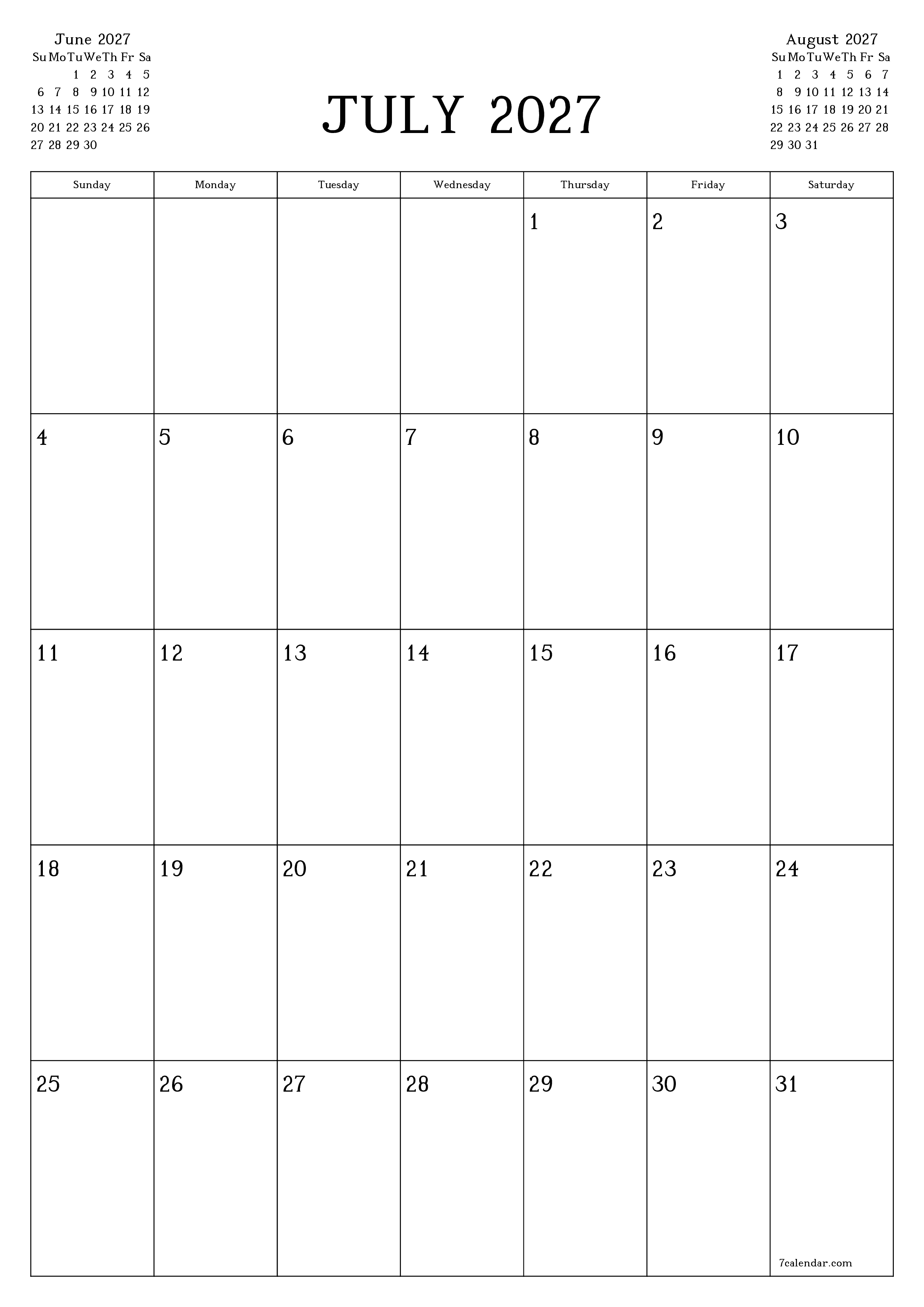 Blank calendar July 2027