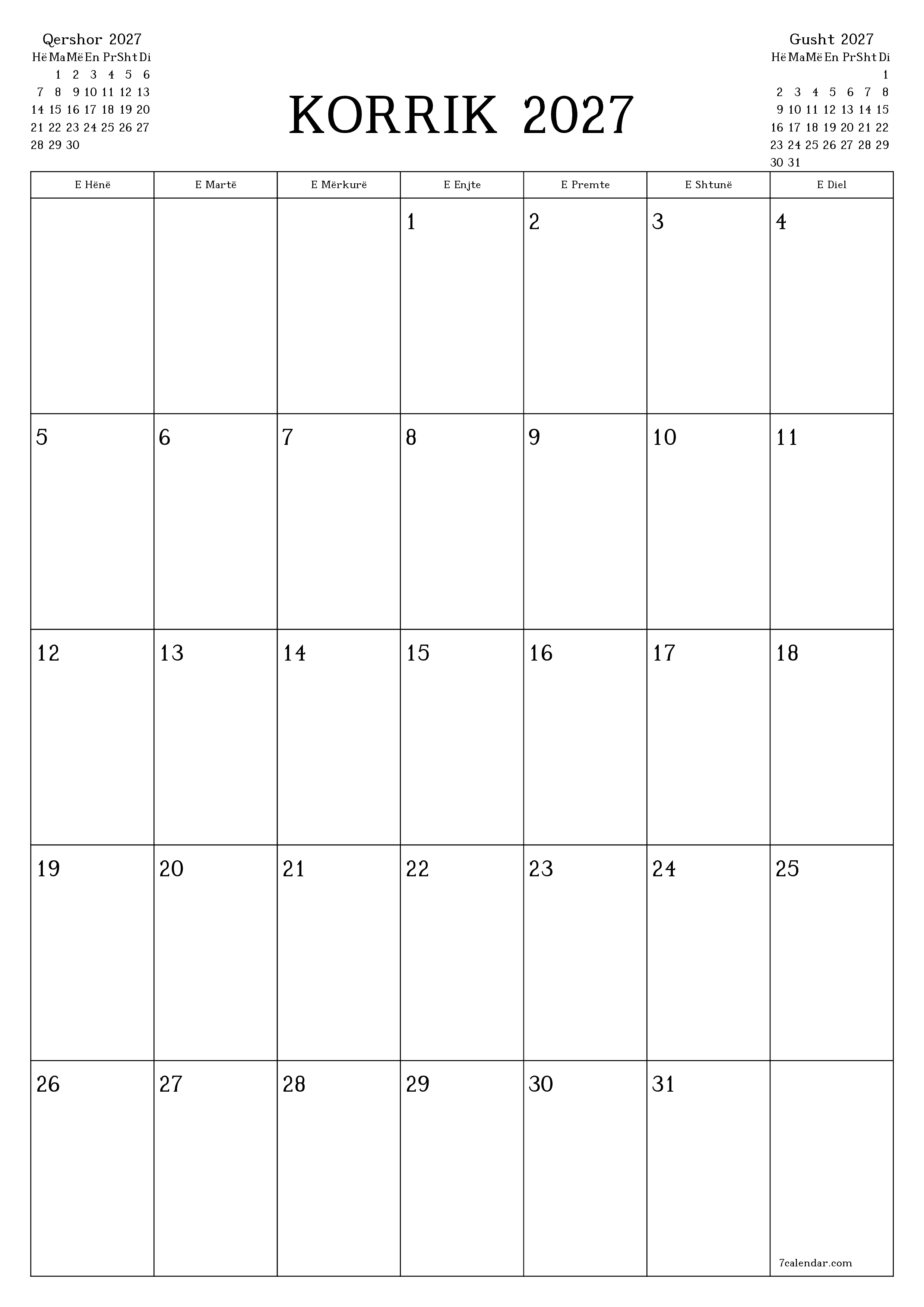 Planifikuesi i zbrazët i kalendarit mujor për muajin Korrik 2027 me shënime të ruajtura dhe të printuara në PDF PNG Albanian