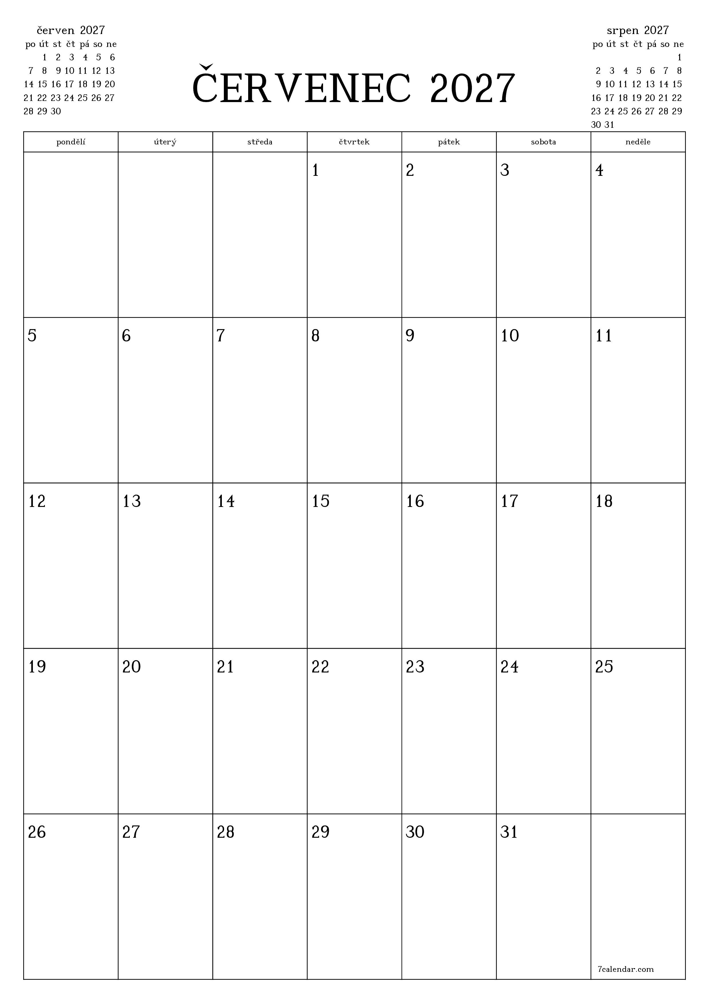 Vyprázdnit měsíční plánovač na měsíc červenec 2027 s poznámkami, uložit a vytisknout do PDF PNG Czech