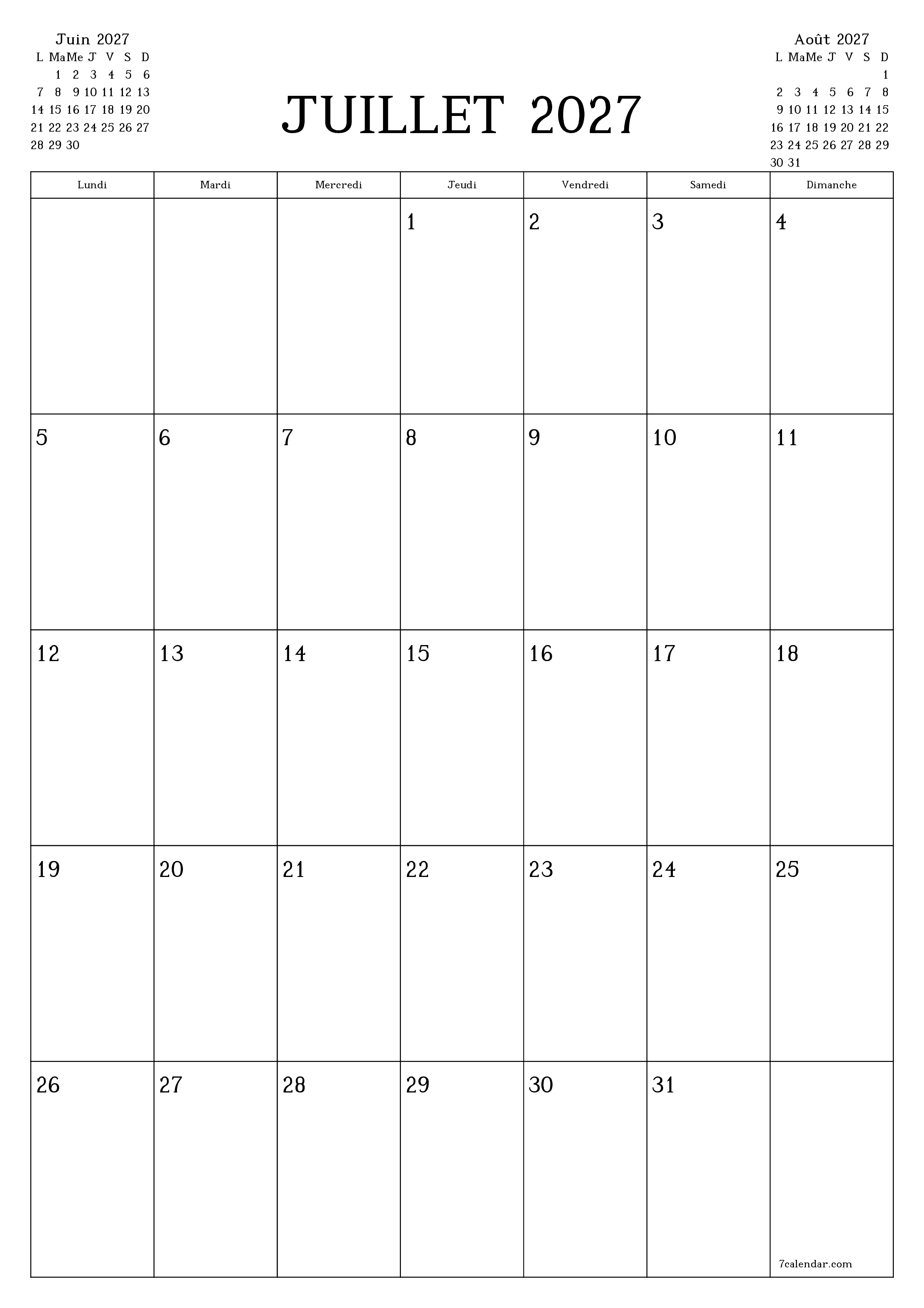 Agenda mensuel vide pour le mois Juillet 2027 avec notes, enregistrez et imprimez au format PDF PNG French