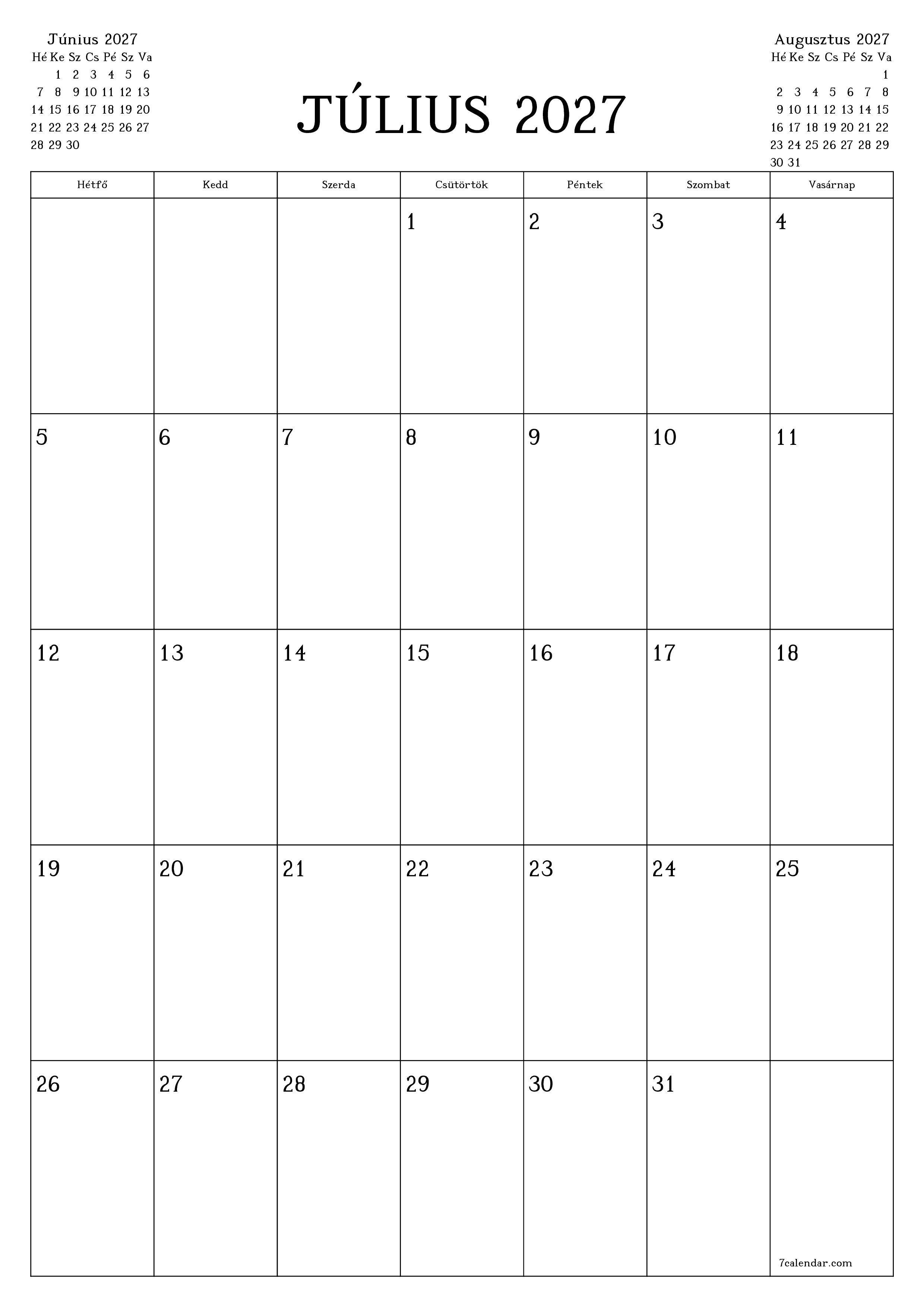Üres havi tervező a Július 2027 hónapra jegyzetekkel, mentés és nyomtatás PDF-be PNG Hungarian