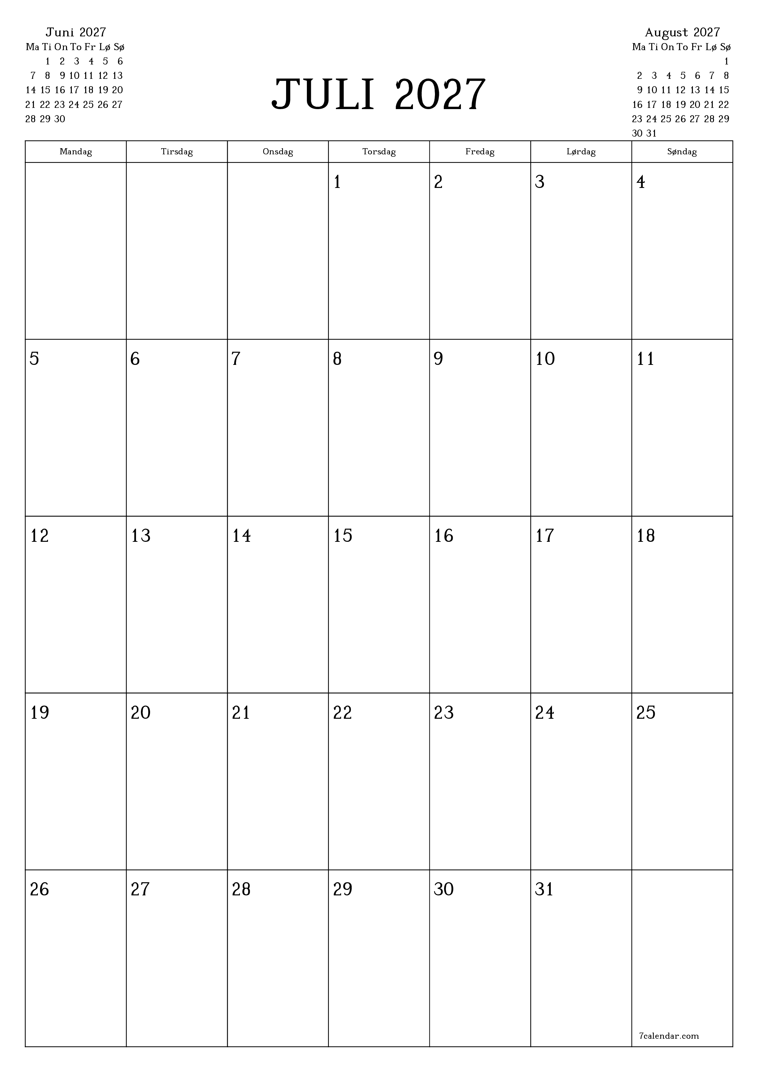 Tom månedlig planlegger for måned Juli 2027 med notater, lagre og skriv ut til PDF PNG Norwegian