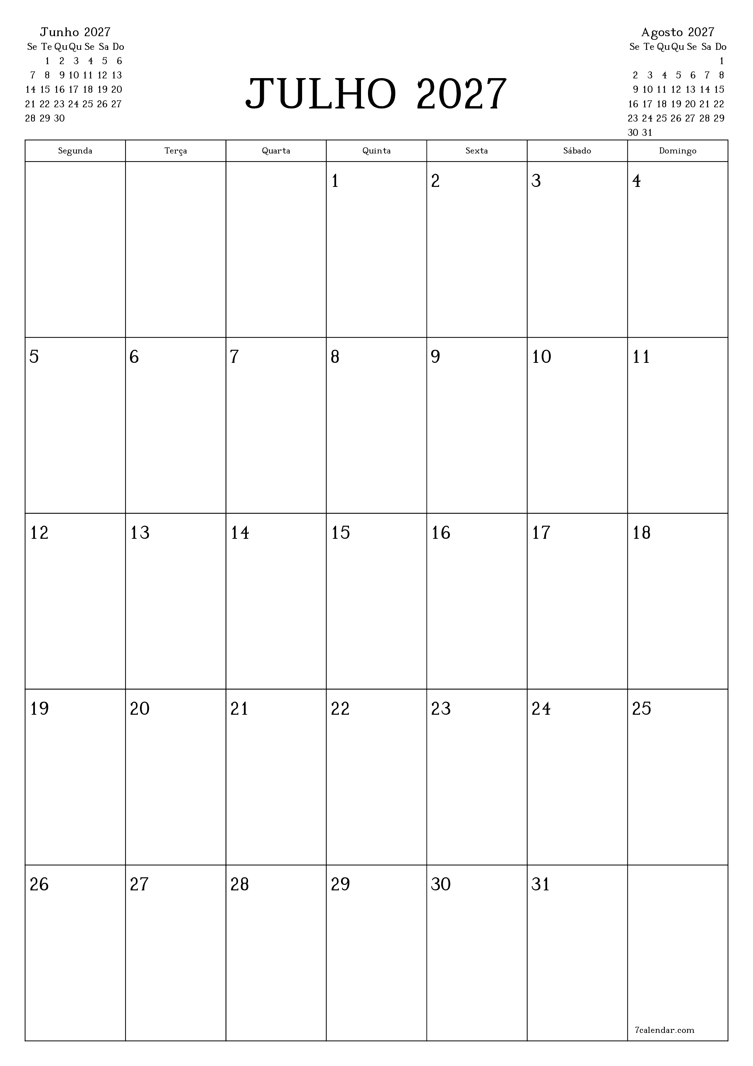 Esvazie o planejador mensal para o mês Julho 2027 com notas, salve e imprima em PDF PNG Portuguese
