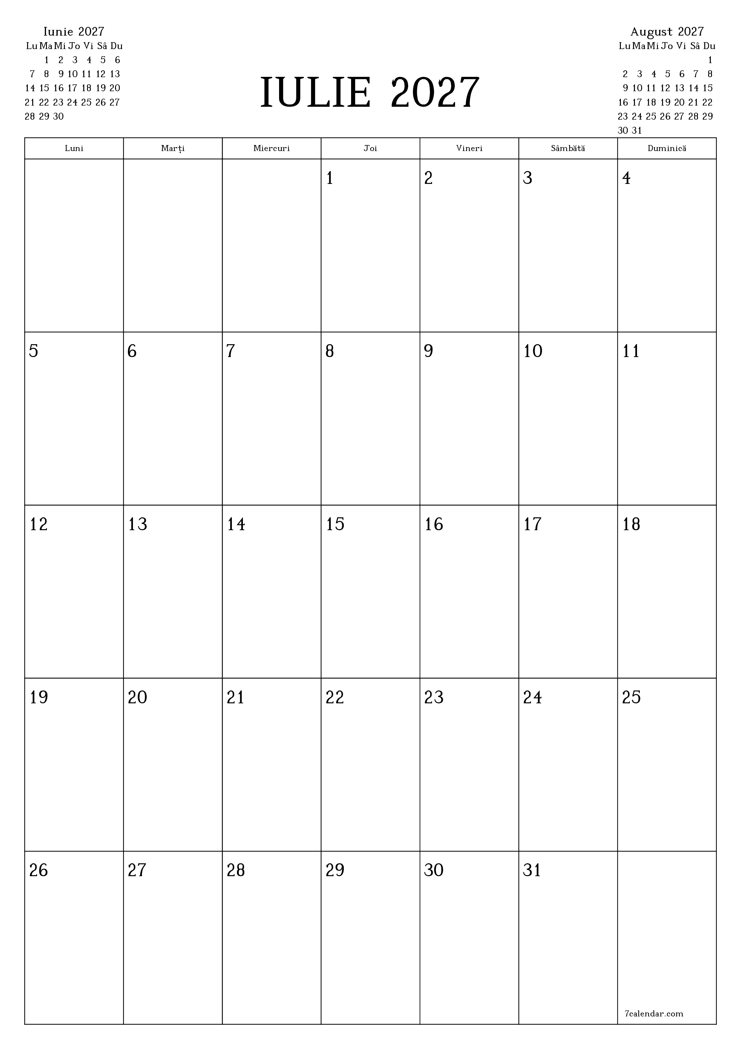Planificator lunar gol pentru luna Iulie 2027 cu note, salvați și tipăriți în PDF PNG Romanian