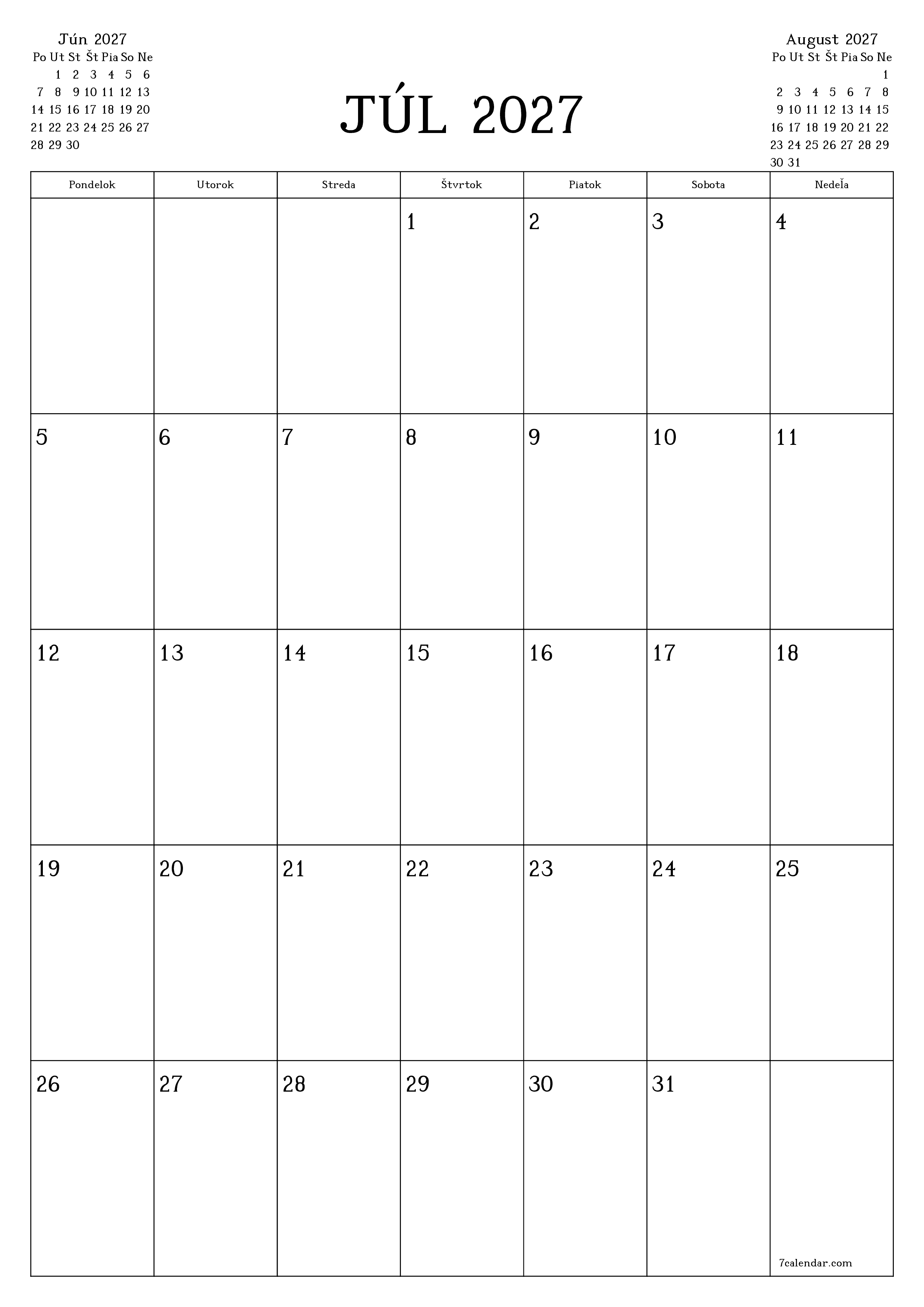 Prázdny mesačný plánovač na mesiac Júl 2027 s poznámkami, uloženie a tlač do PDF PNG Slovak