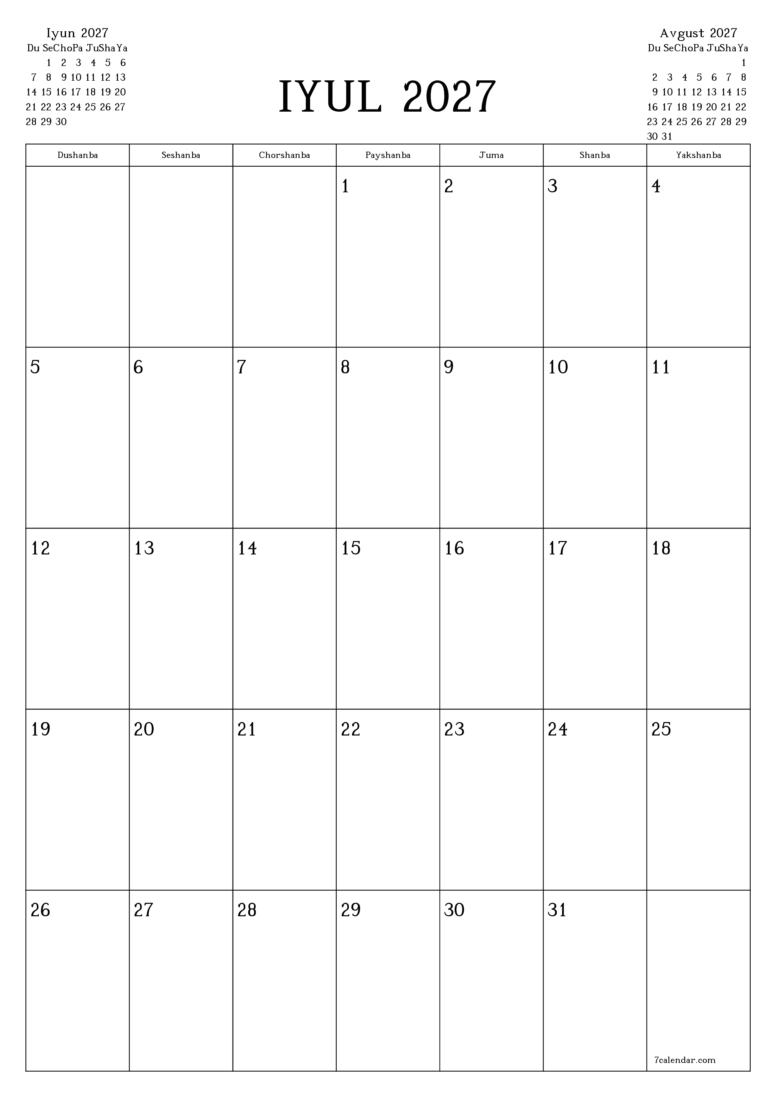 Iyul 2027 oylik oylik rejalashtiruvchini yozuvlar bilan bo'shatish, saqlash va PDF-ga chop etish PNG Uzbek