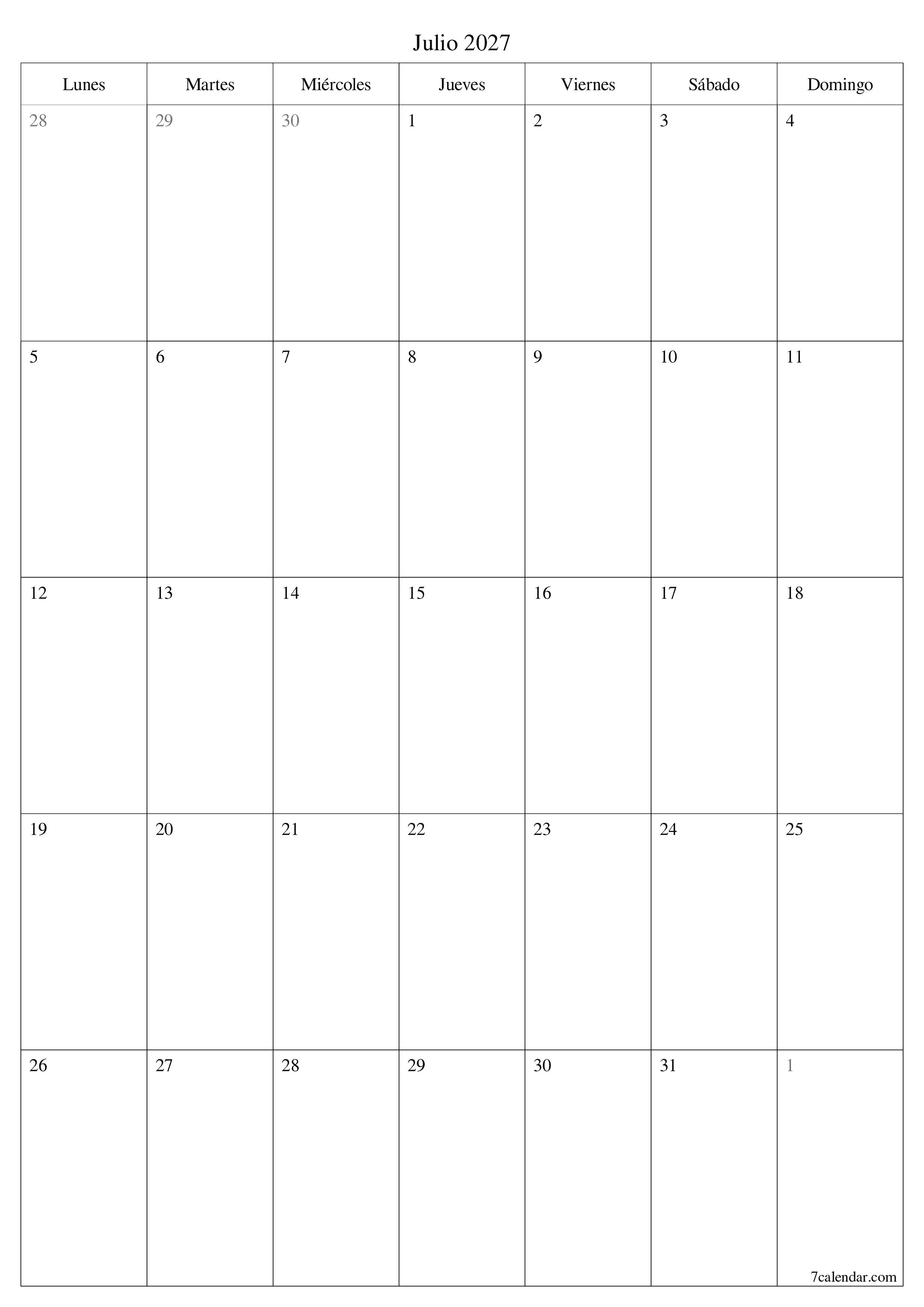 Planificador mensual vacío para el mes Julio 2027 con notas, guardar e imprimir en PDF PNG Spanish