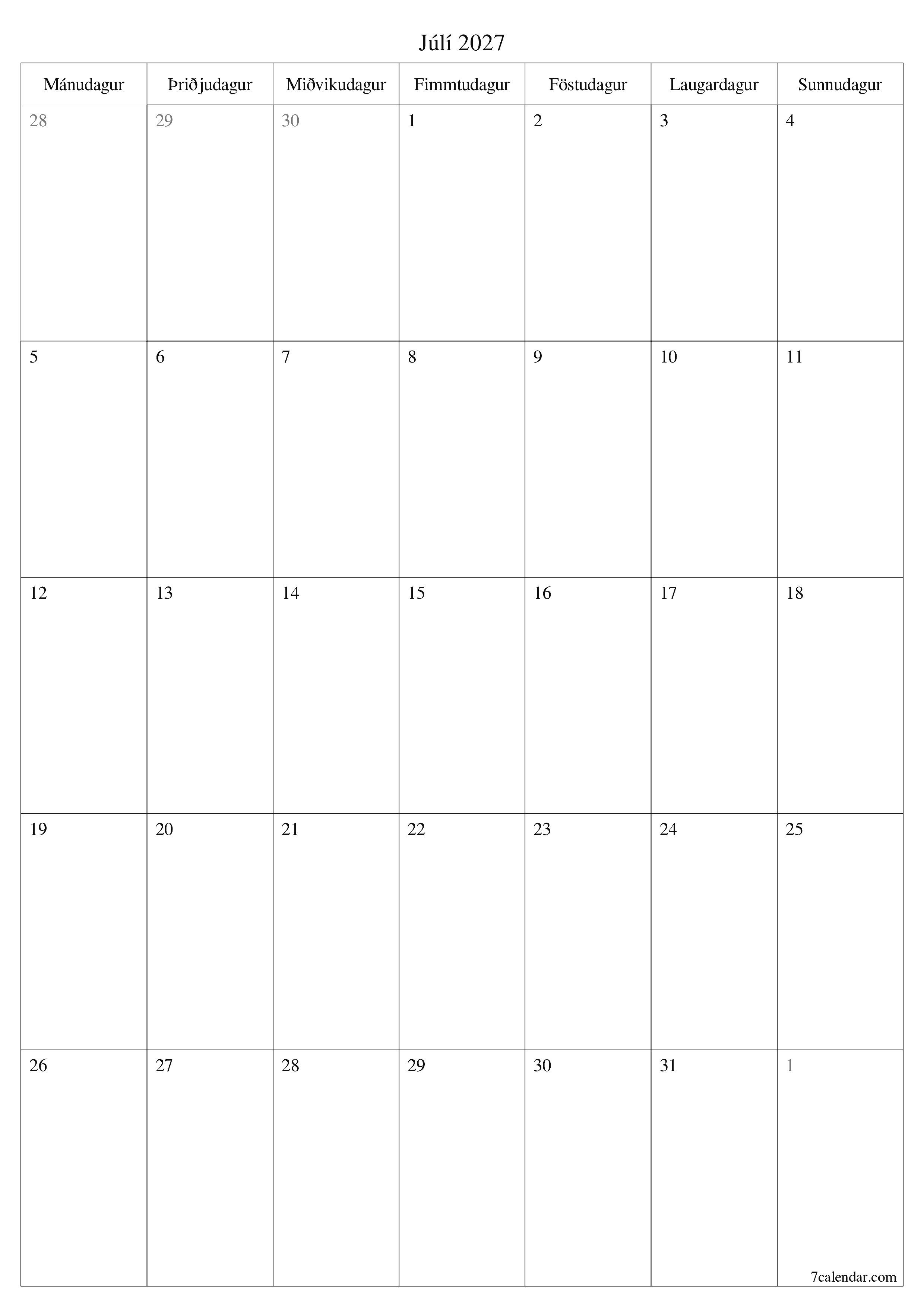 Tómur mánaðarlegur skipuleggjandi fyrir mánuðinn Júlí 2027 með athugasemdum, vista og prenta á PDF PNG Icelandic