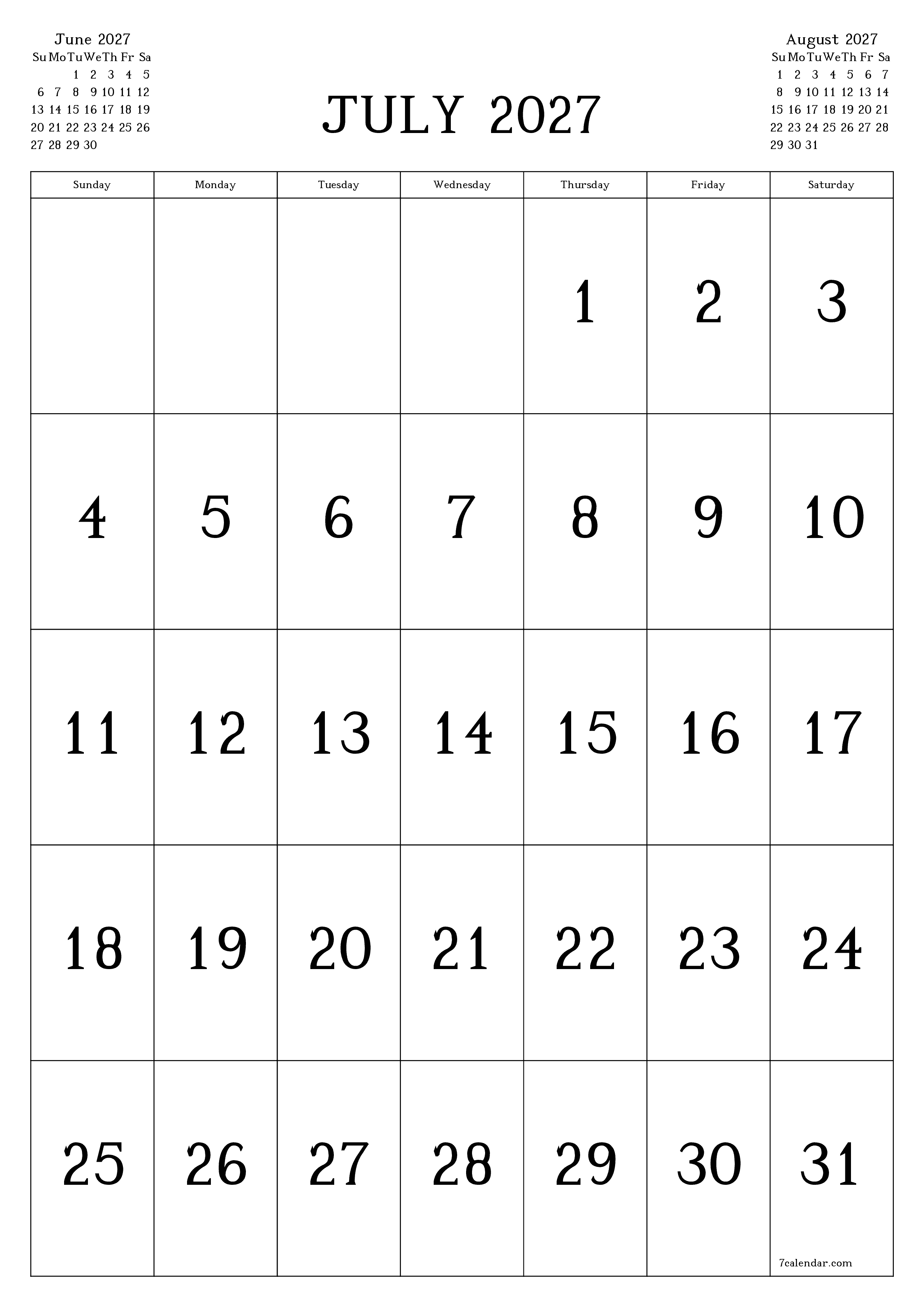 Blank calendar July 2027