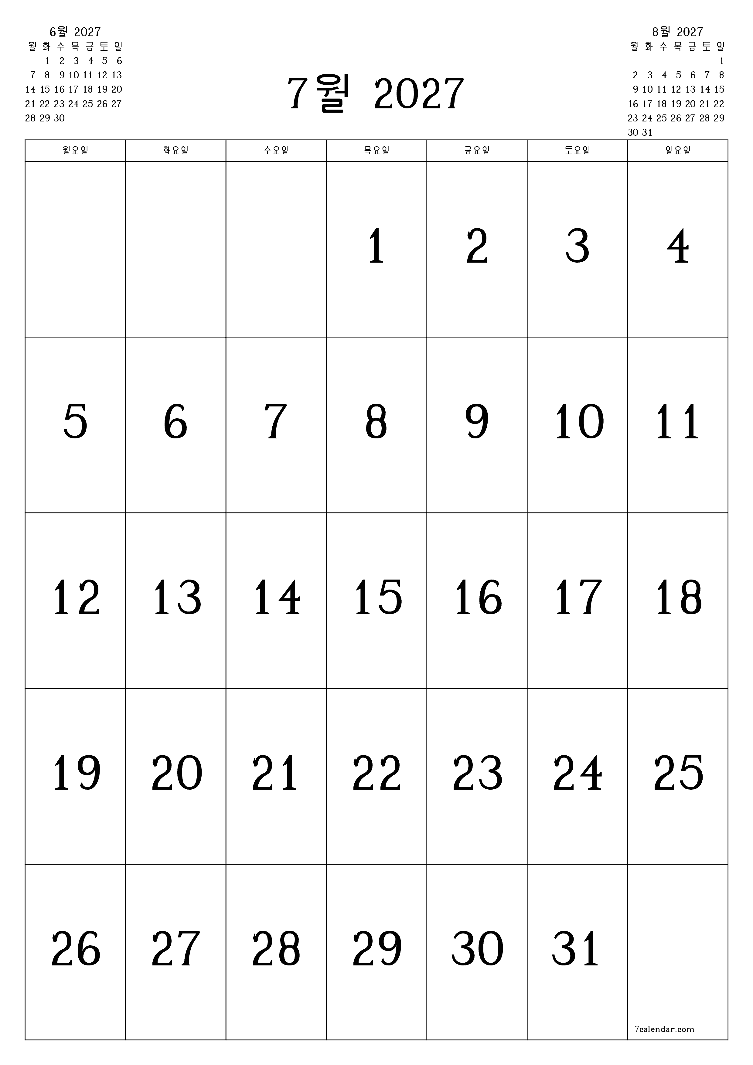 메모가있는 7월 2027 월의 월간 플래너 비우기, PDF PNG Korean-7calendar.com으로 저장 및 인쇄