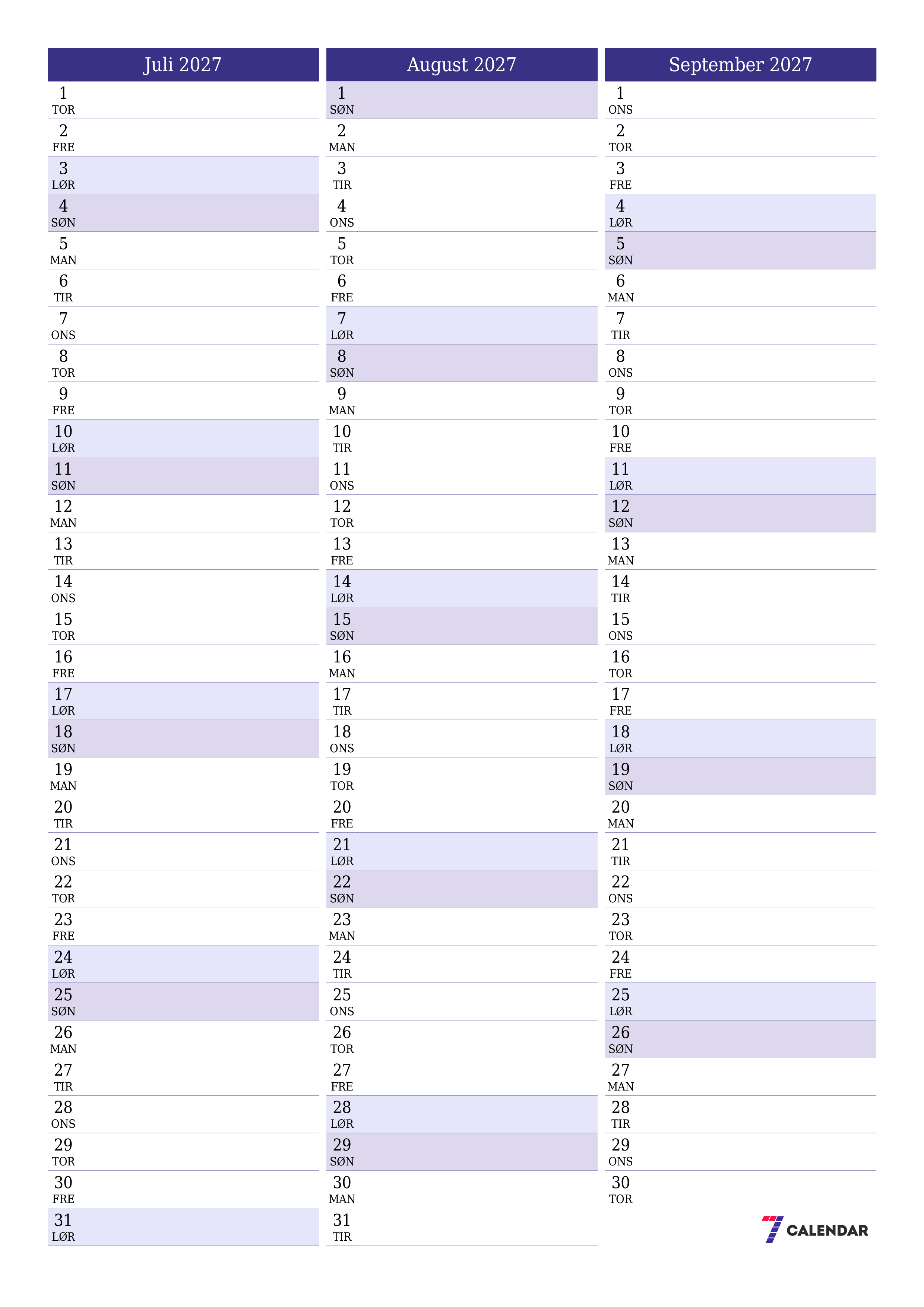 Tom månedlig planlægning for måned Juli 2027 med noter, gem og udskriv til PDF PNG Danish