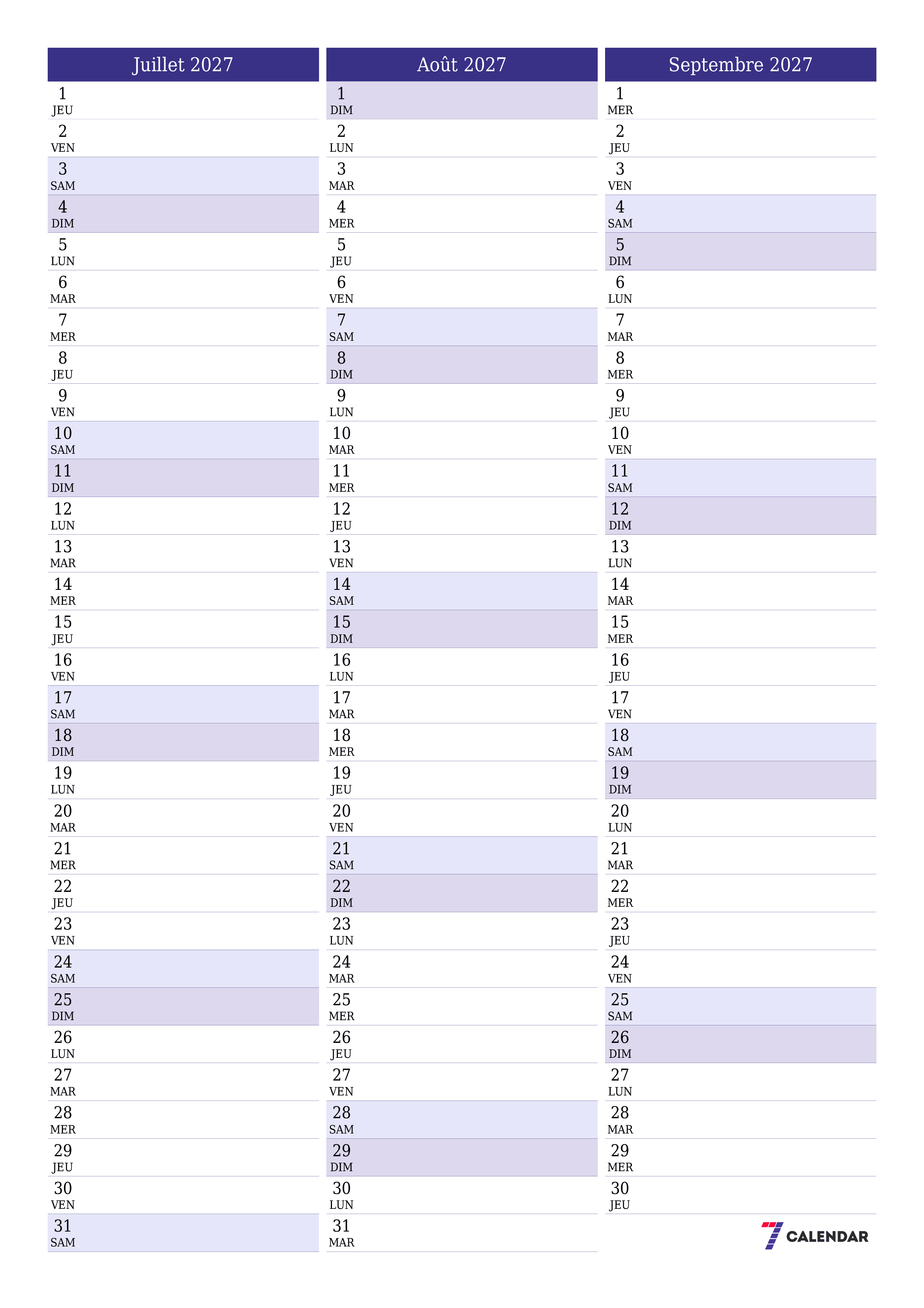 Agenda mensuel vide pour le mois Juillet 2027 avec notes, enregistrez et imprimez au format PDF PNG French