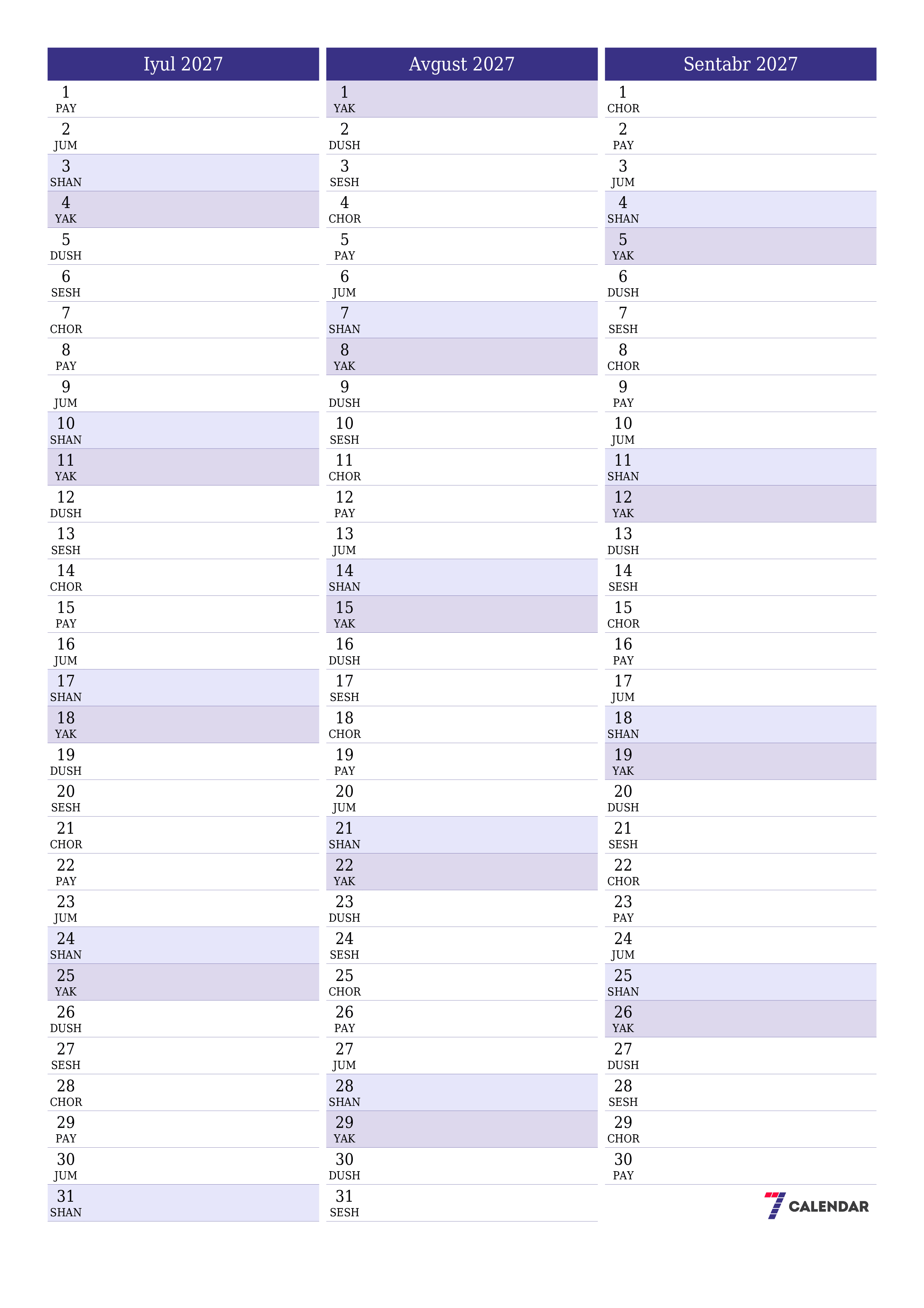 Iyul 2027 oylik oylik rejalashtiruvchini yozuvlar bilan bo'shatish, saqlash va PDF-ga chop etish PNG Uzbek