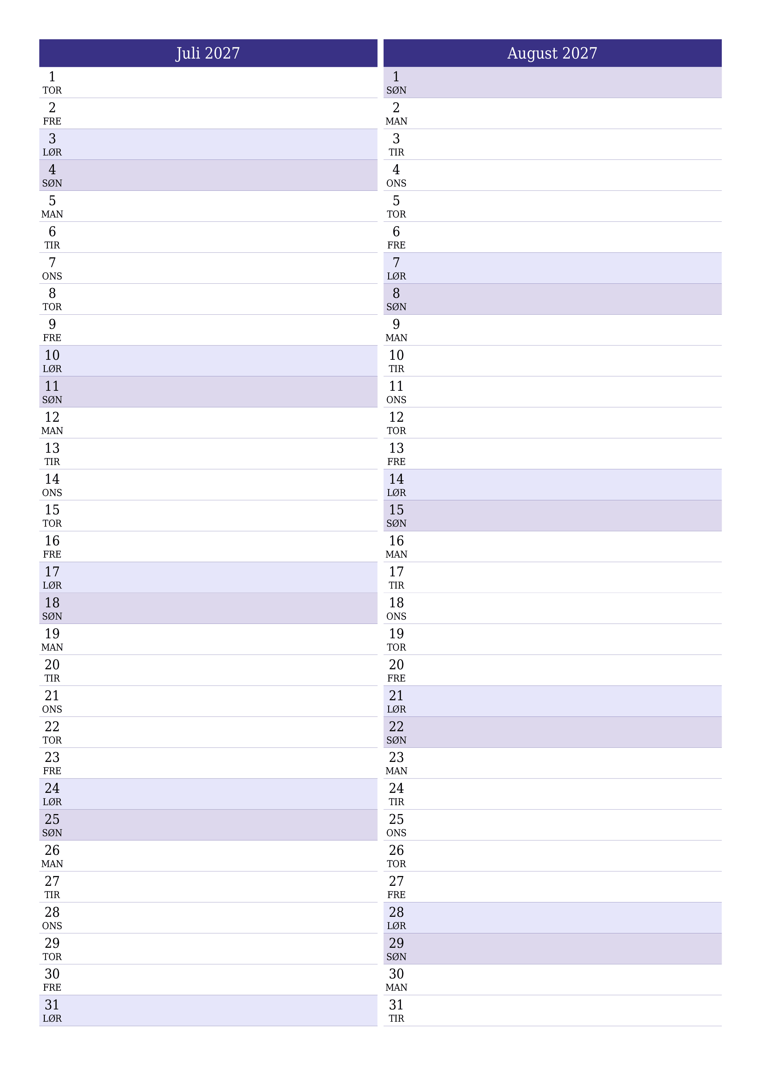 Tom månedlig planlægning for måned Juli 2027 med noter, gem og udskriv til PDF PNG Danish