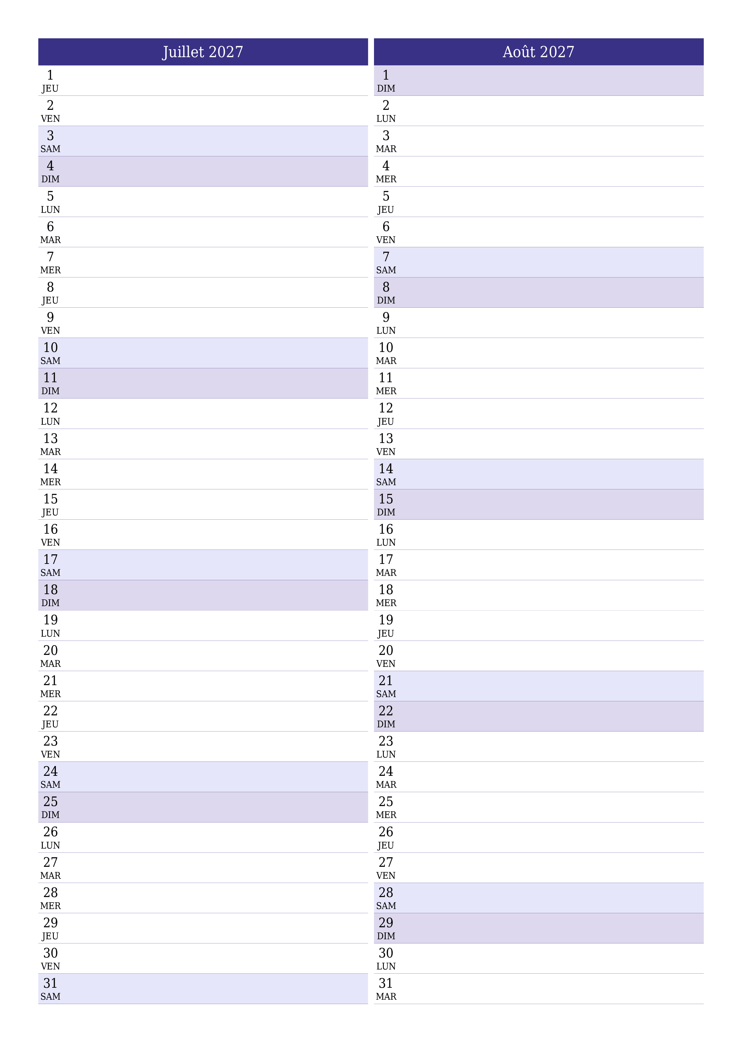 Agenda mensuel vide pour le mois Juillet 2027 avec notes, enregistrez et imprimez au format PDF PNG French