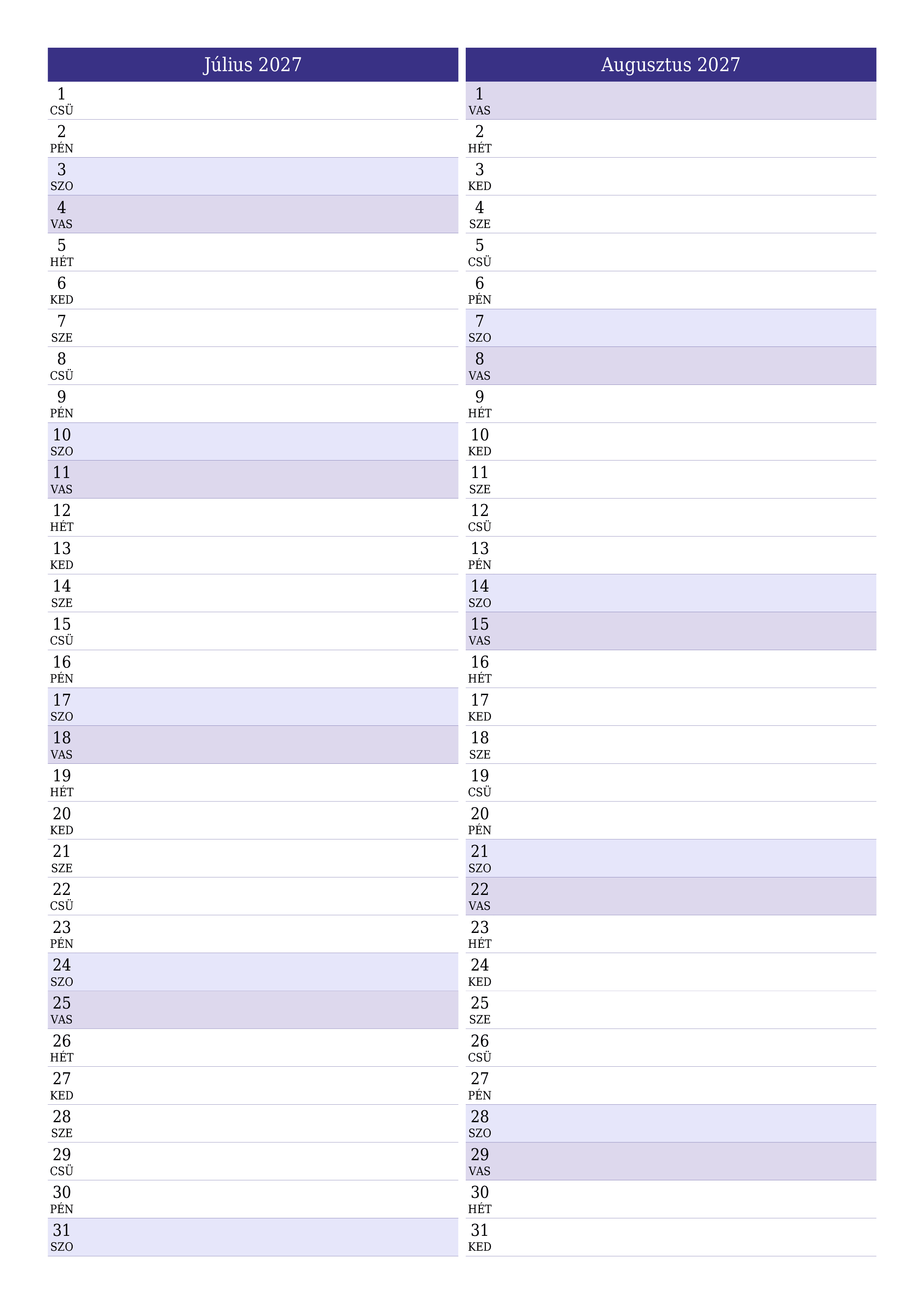 Üres havi tervező a Július 2027 hónapra jegyzetekkel, mentés és nyomtatás PDF-be PNG Hungarian