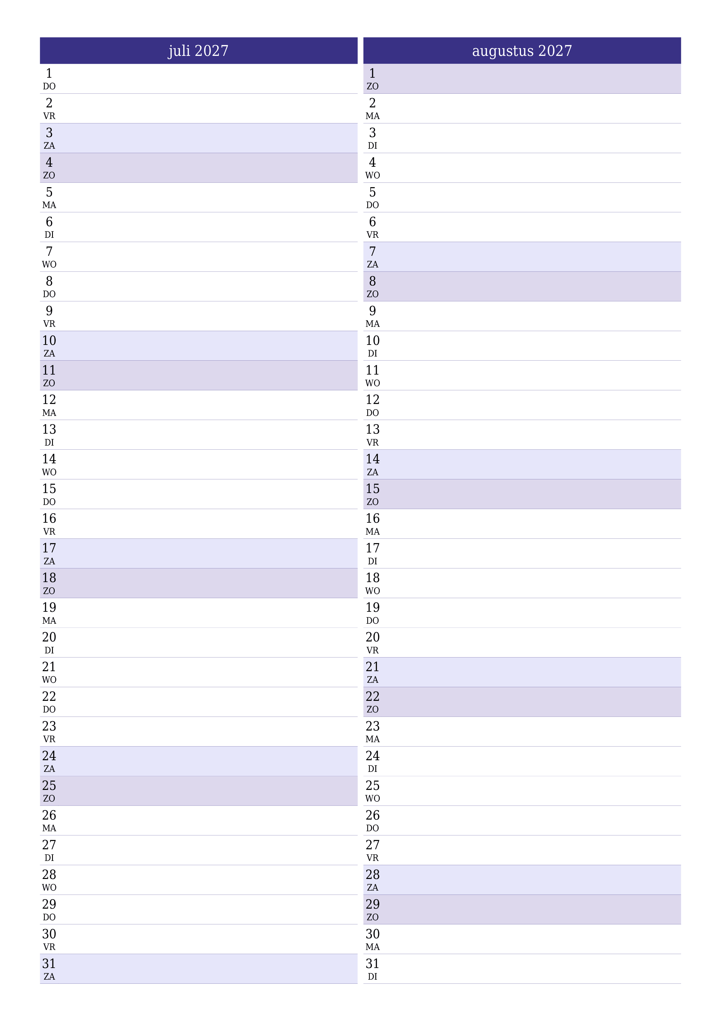 Lege maandplanner voor maand juli 2027 met notities, opslaan en afdrukken naar pdf PNG Dutch