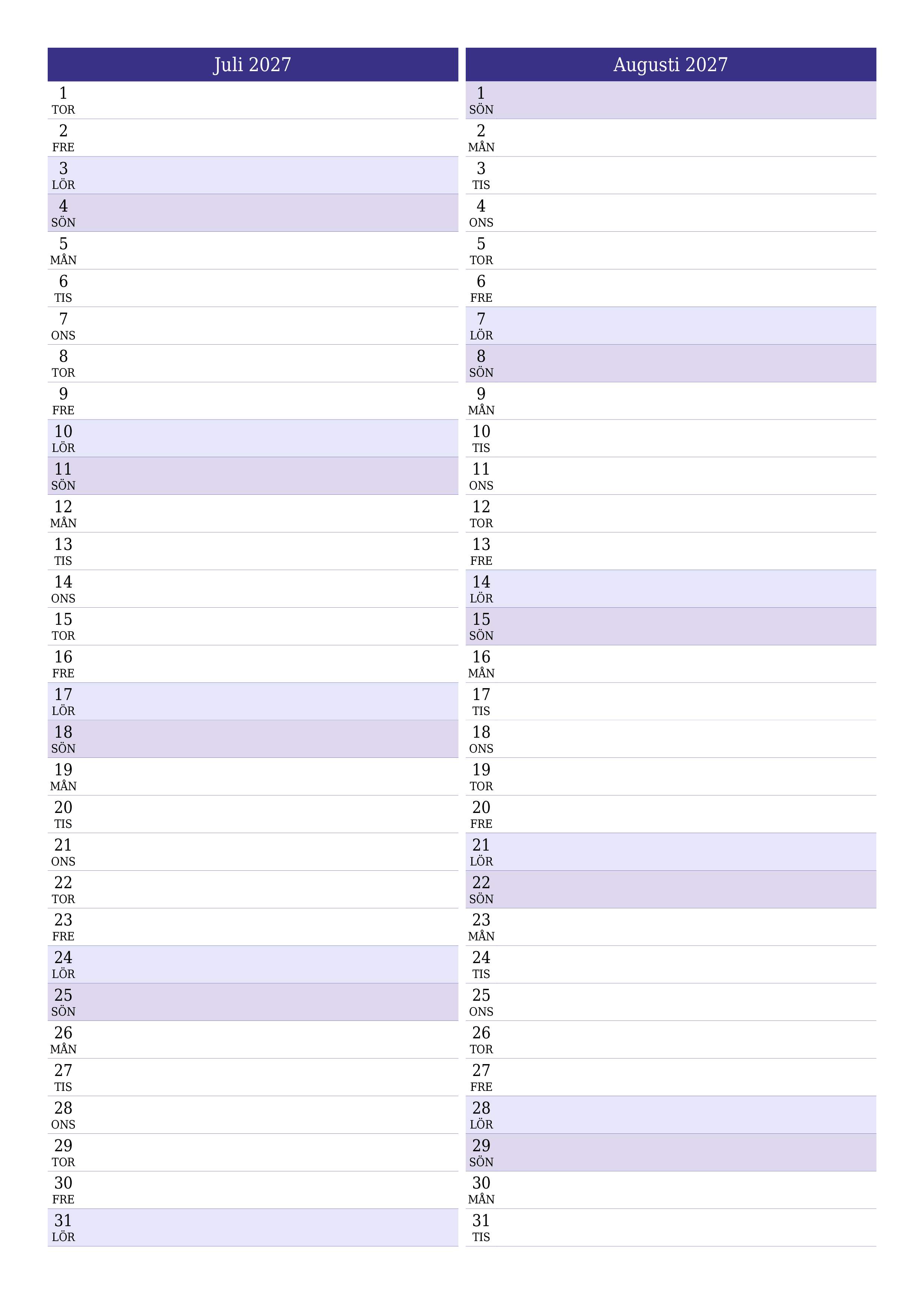 Tom månadsplanerare för månad Juli 2027 med anteckningar, spara och skriv ut till PDF PNG Swedish