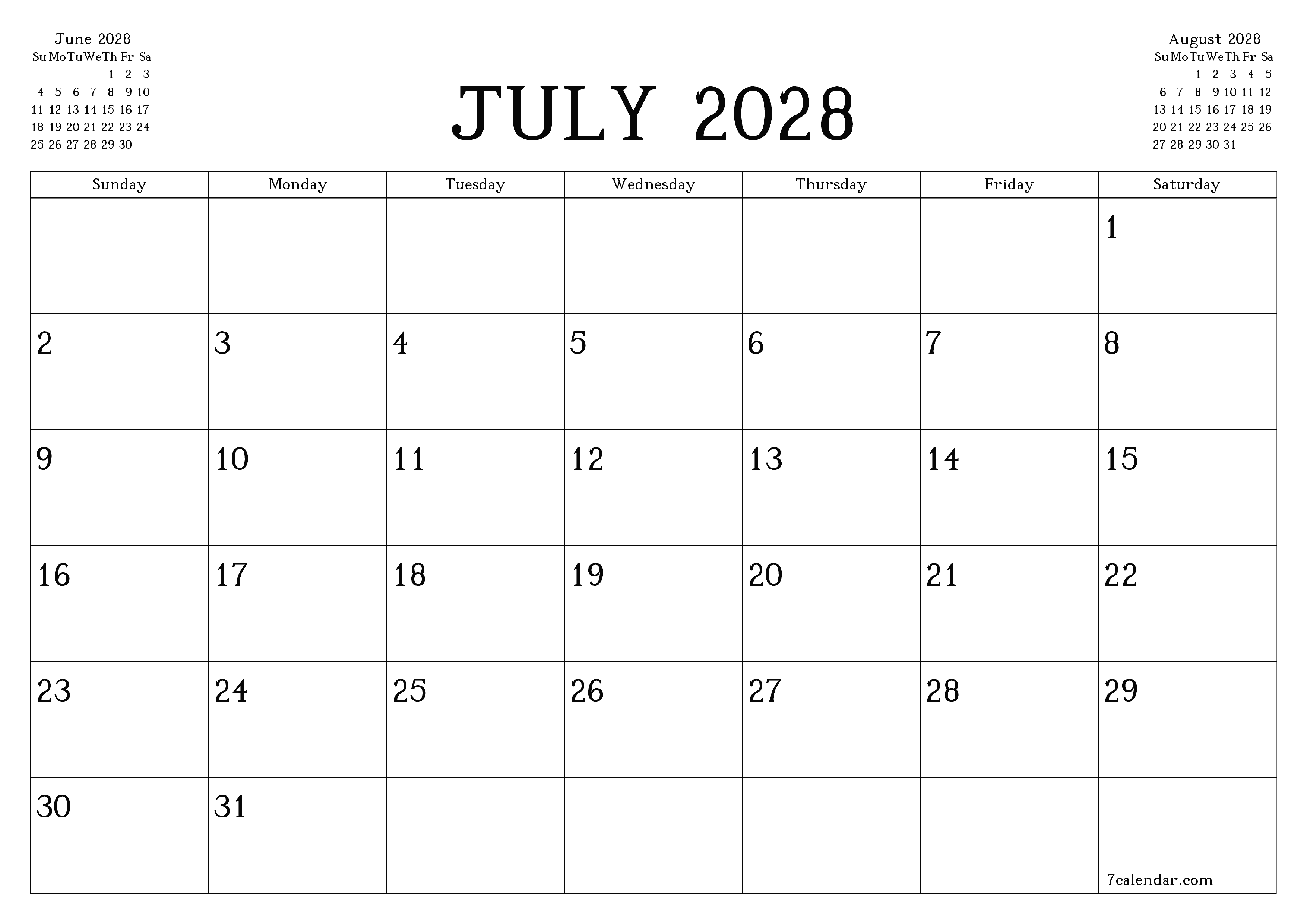 Blank calendar July 2028