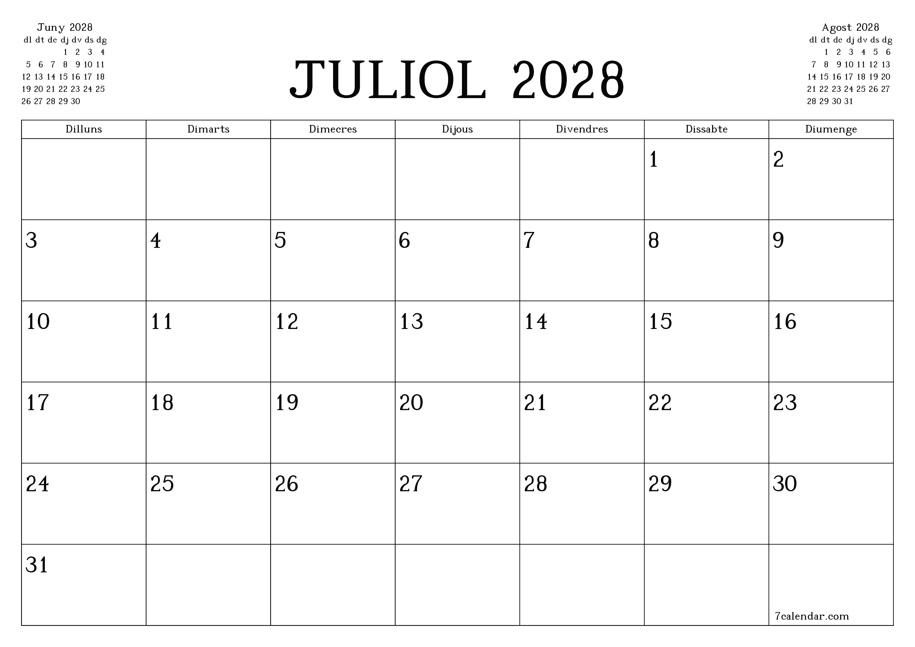 Planificador mensual buit del mes Juliol 2028 amb notes, deseu-lo i imprimiu-lo en format PDF PNG Catalan